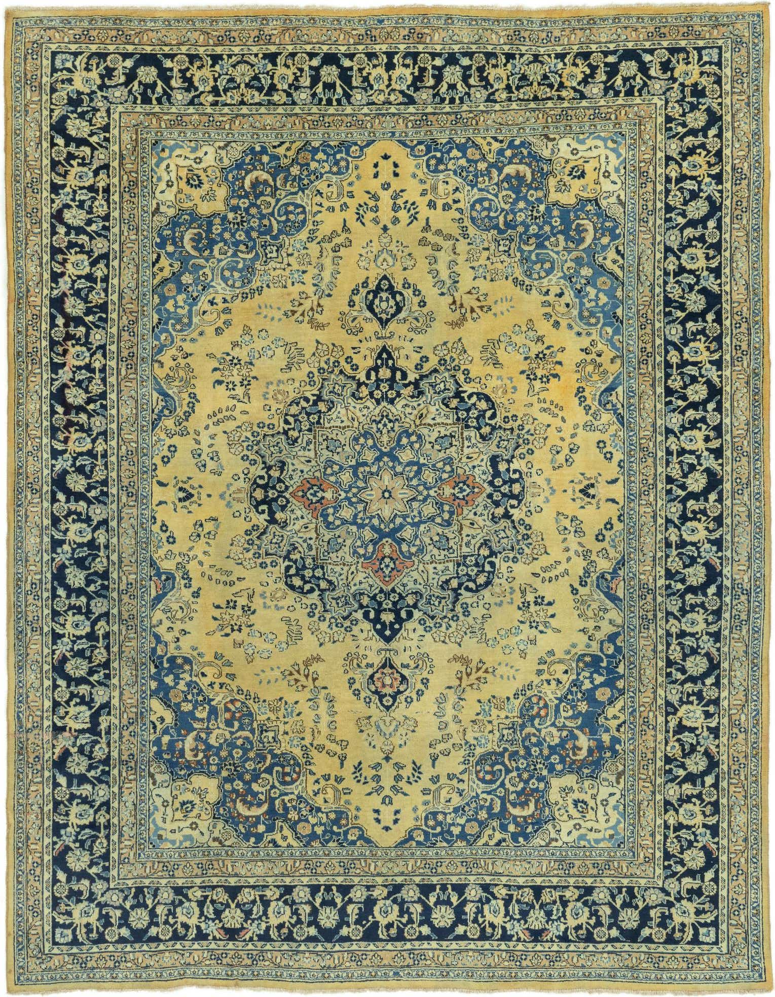 A large 10x13 rectangular Persian rug featuring a central medallion and intricate botanical patterns in shades of orange, blue, and cream.