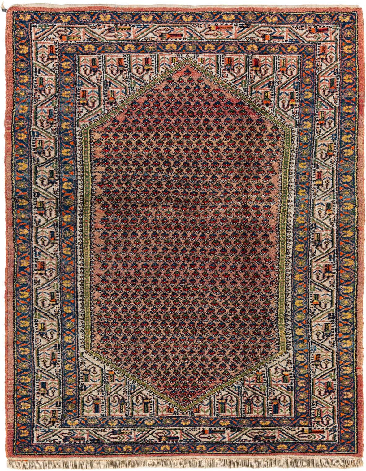 A 4x6 rectangular Mir Oriental rug in shades of orange, blue, and cream, featuring a detailed central medallion and intricate border patterns.