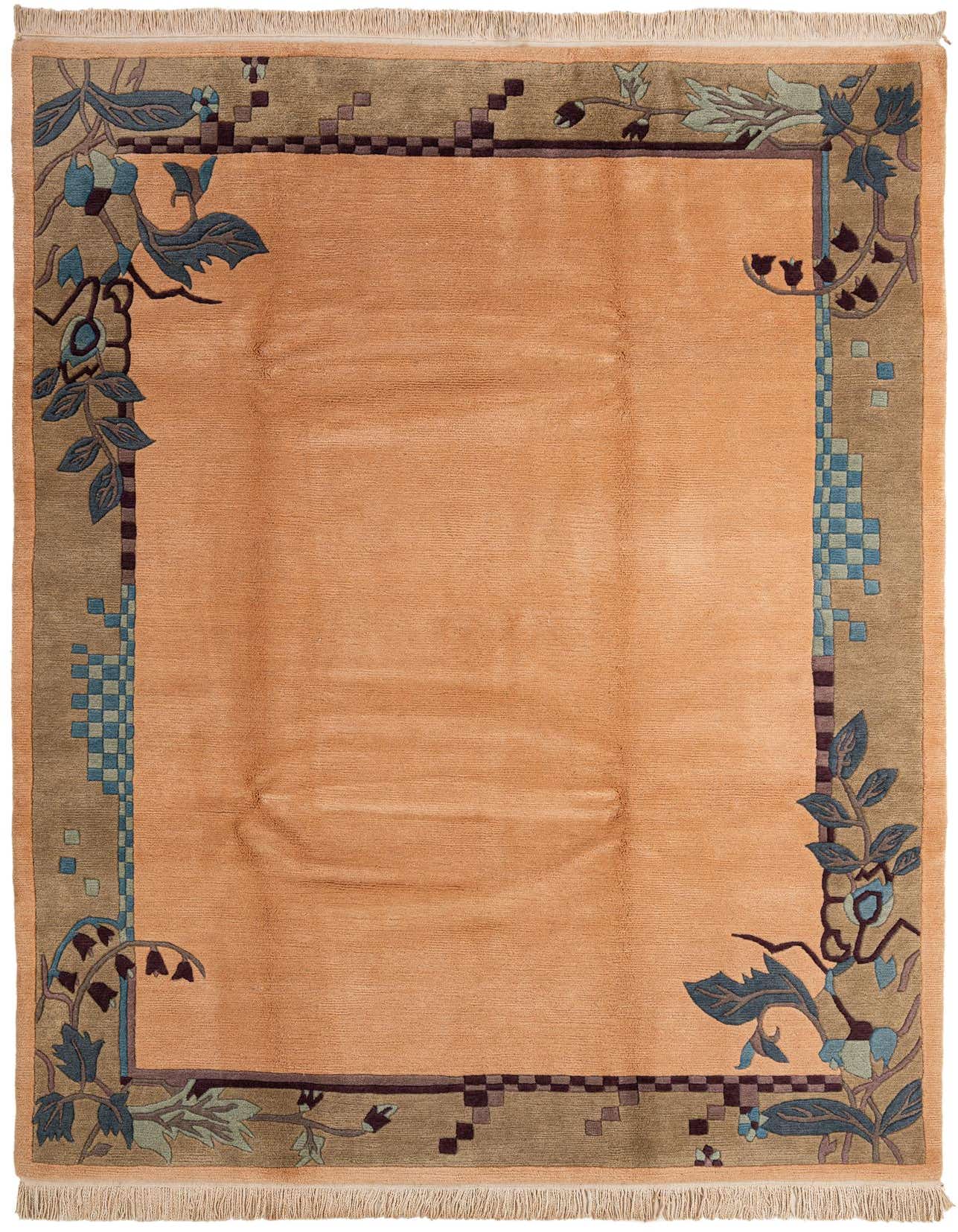 A 7x10 rectangular orange wool rug with a modern floral and geometric border in blue, green, and brown.