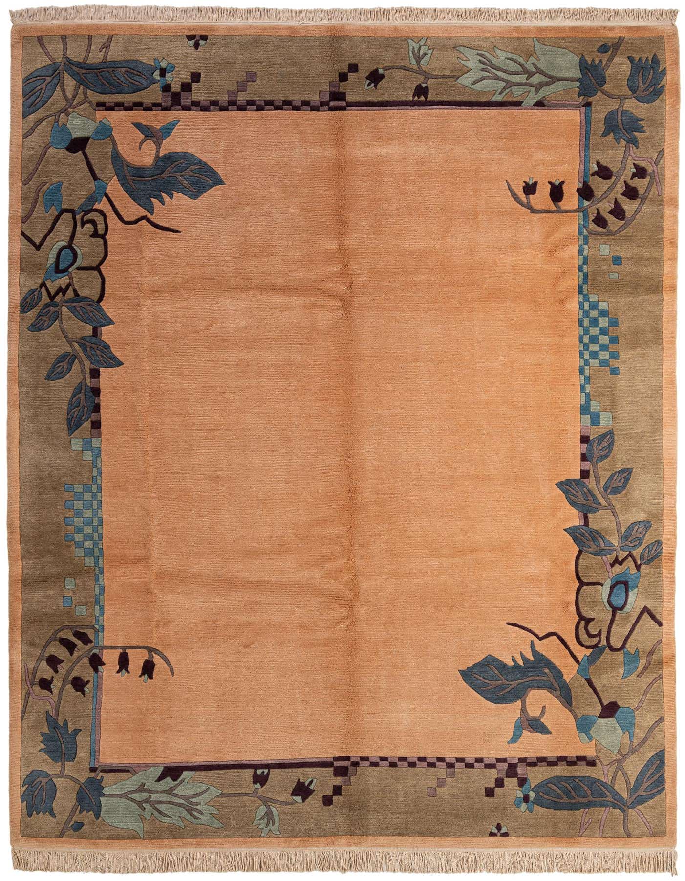 An 8x11 rectangular orange wool rug with a modern floral border in blue, green, and brown tones.