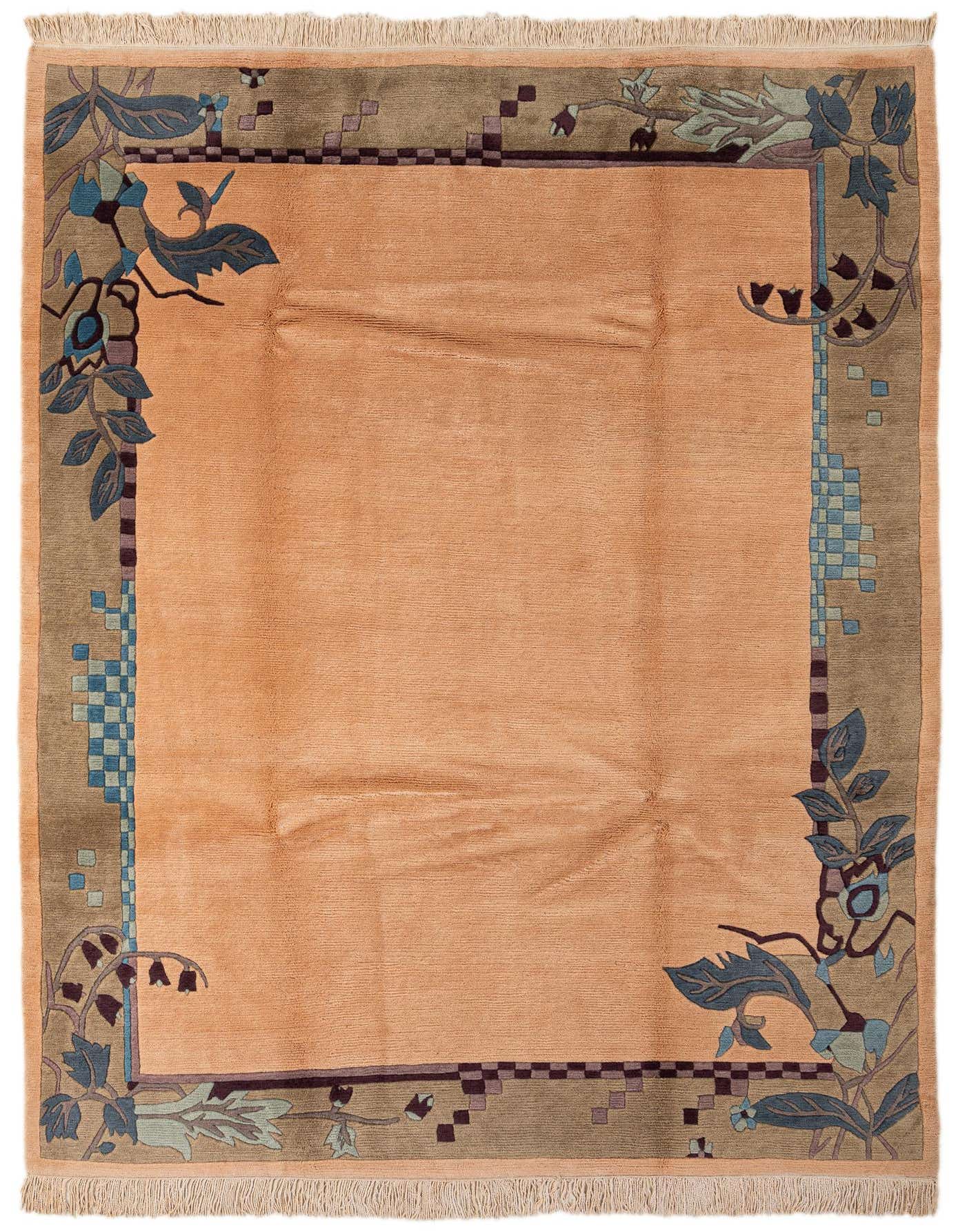 A 6x9 rectangular orange wool rug with a modern oriental border featuring blue and green floral motifs and geometric patterns.