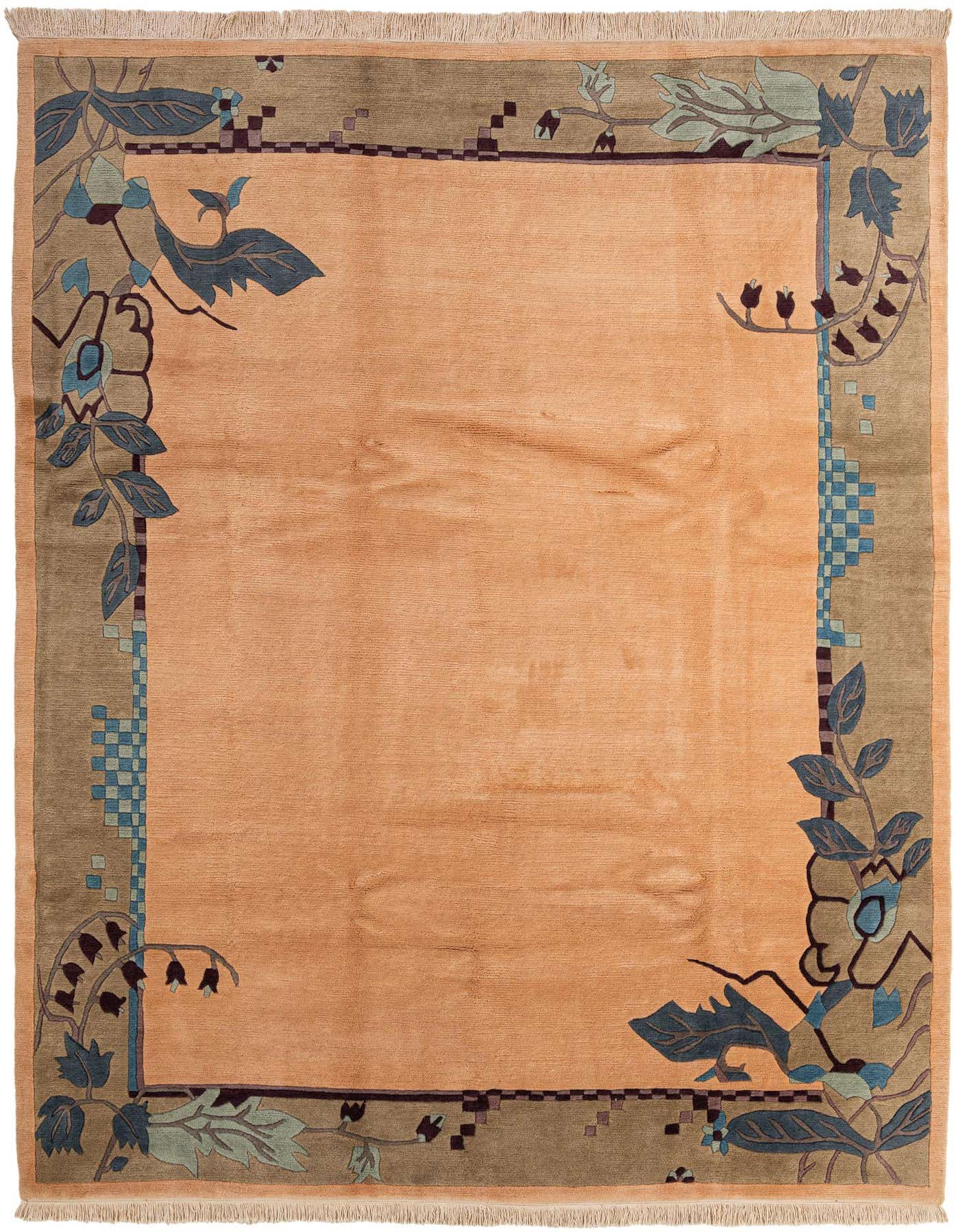 An 8x11 rectangular orange wool rug with a modern oriental design featuring a wide border of olive green, blue, and purple floral motifs and geometric accents.