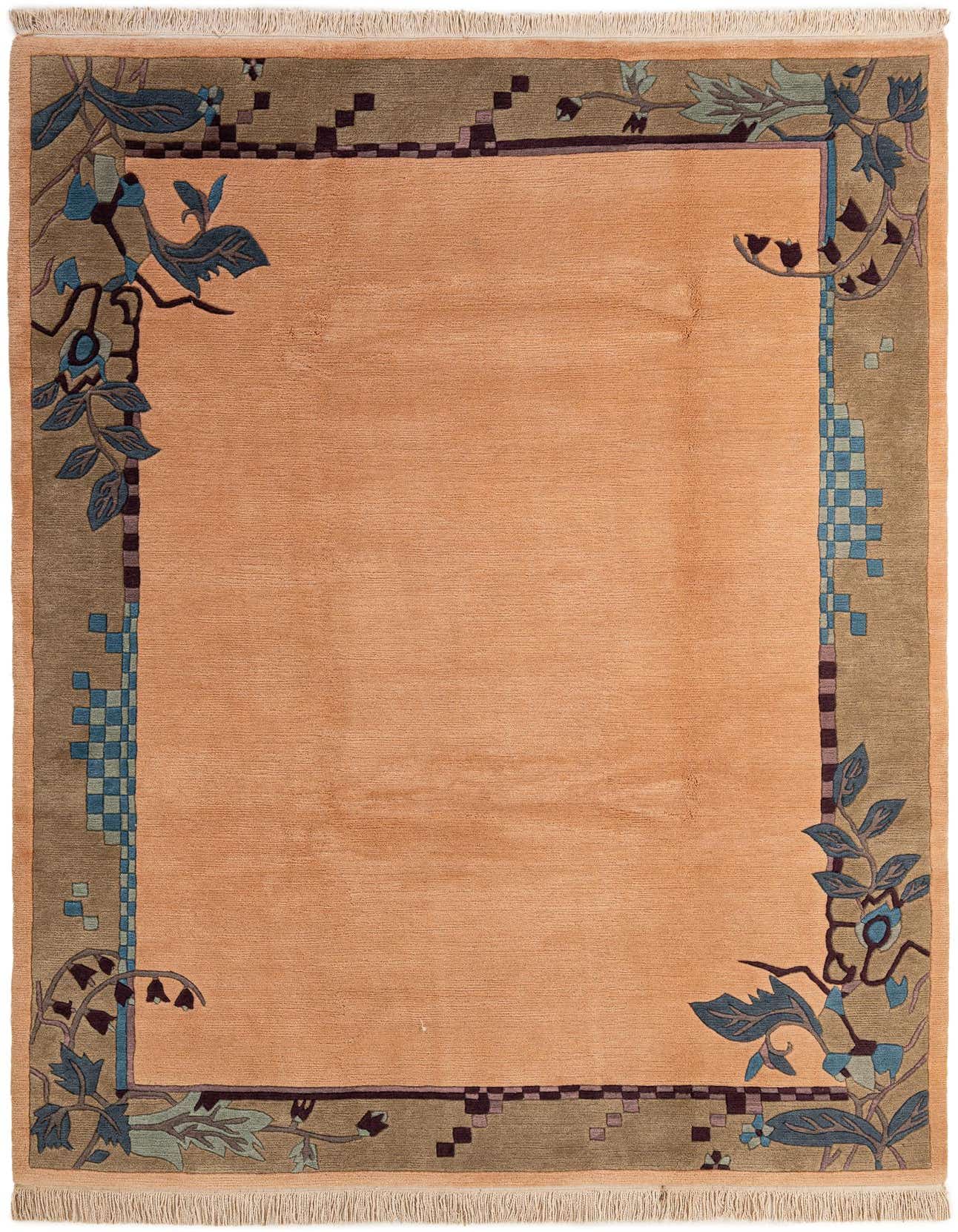 A 6x9 rectangular orange wool rug with a modern floral border in shades of blue, green, and brown.