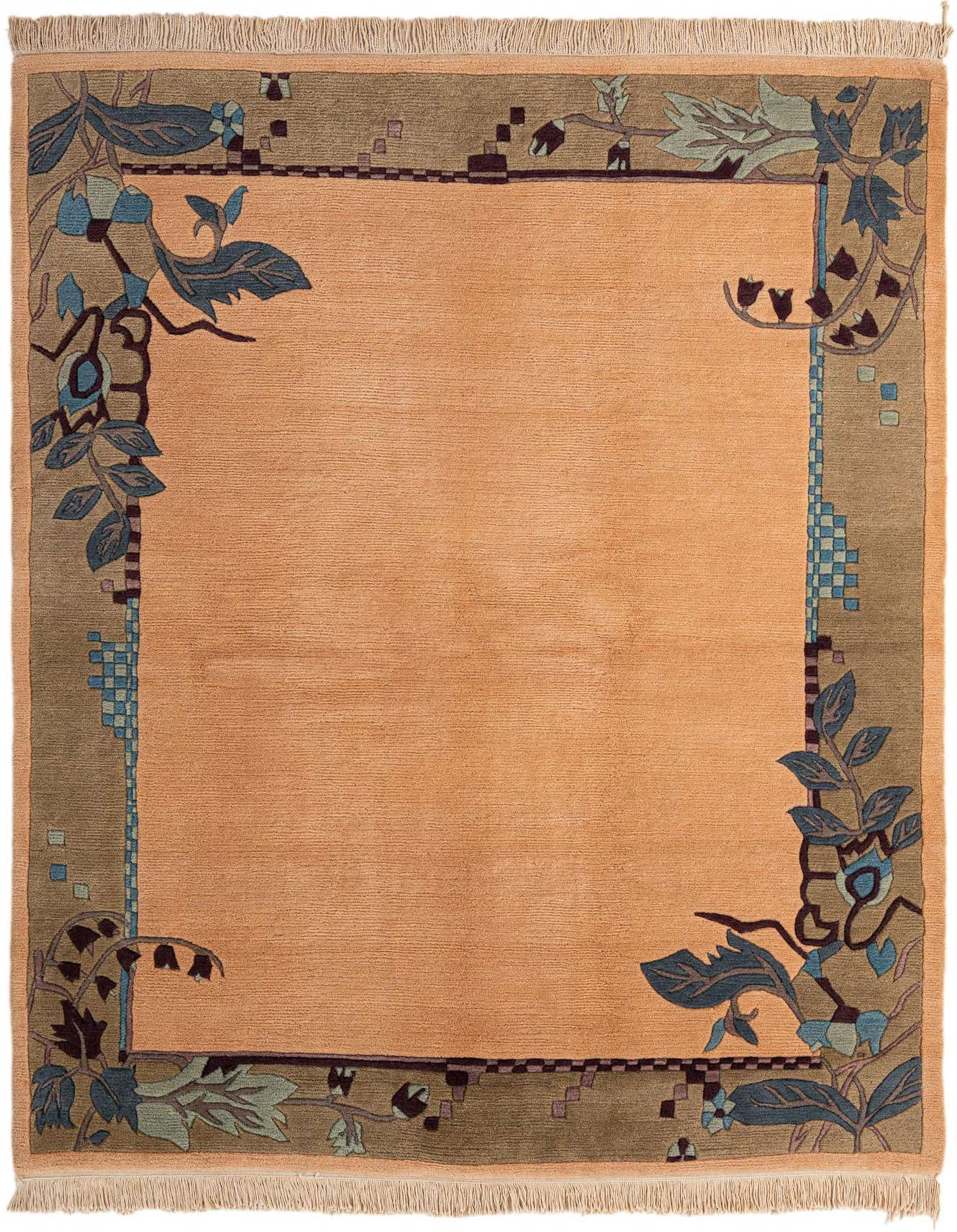 A 5x8 rectangular orange wool rug with a modern floral border in blue, green, and brown, suitable for a living room.