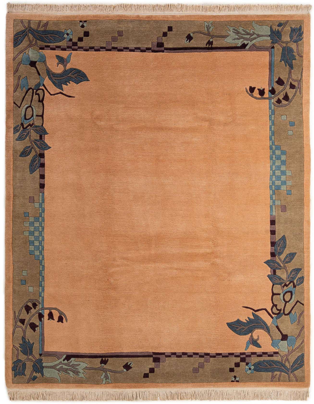 A 7x10 rectangular orange wool rug with a modern floral border in shades of blue, green, and brown.