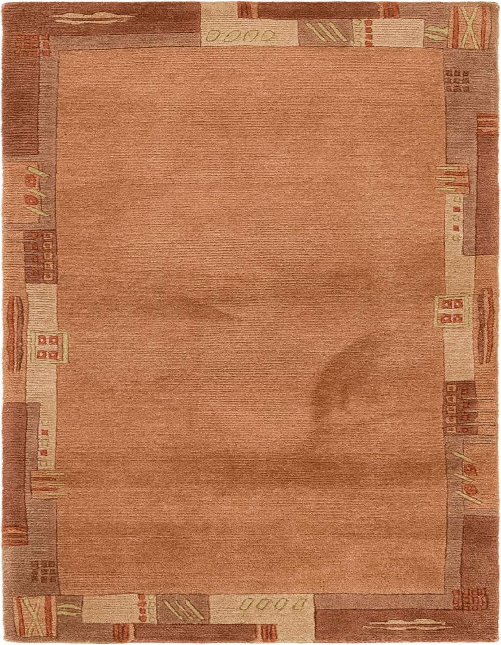 A 3x5 rectangular orange wool rug with a modern abstract border in varying shades of orange, brown, and cream.