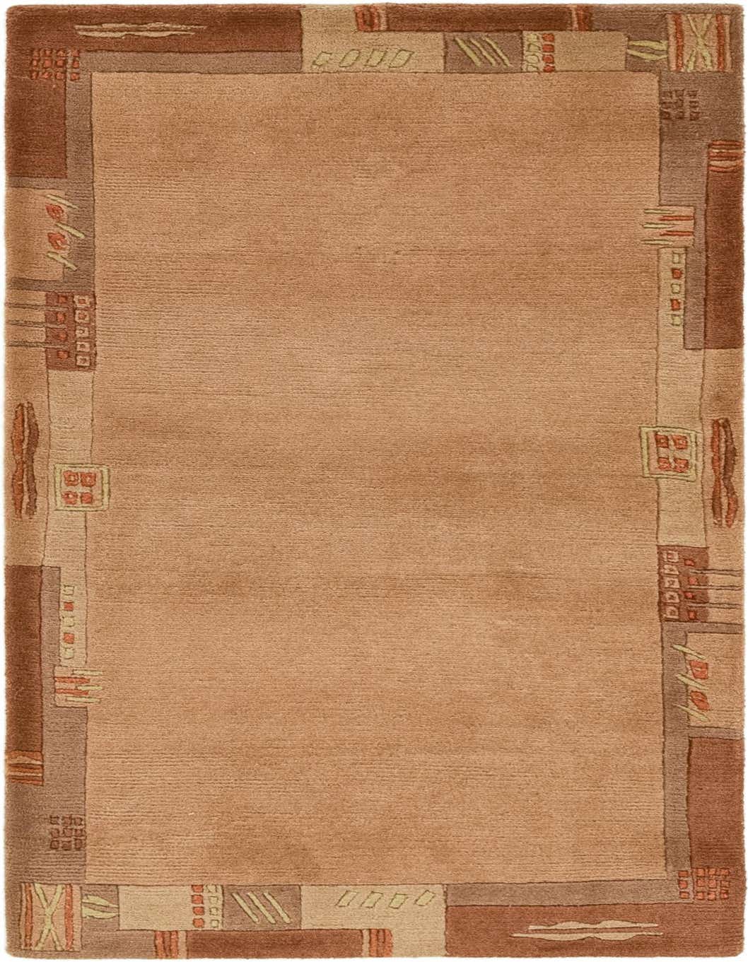 A 3x5 rectangular orange wool rug with a modern abstract border in varying shades of orange, brown, and beige.
