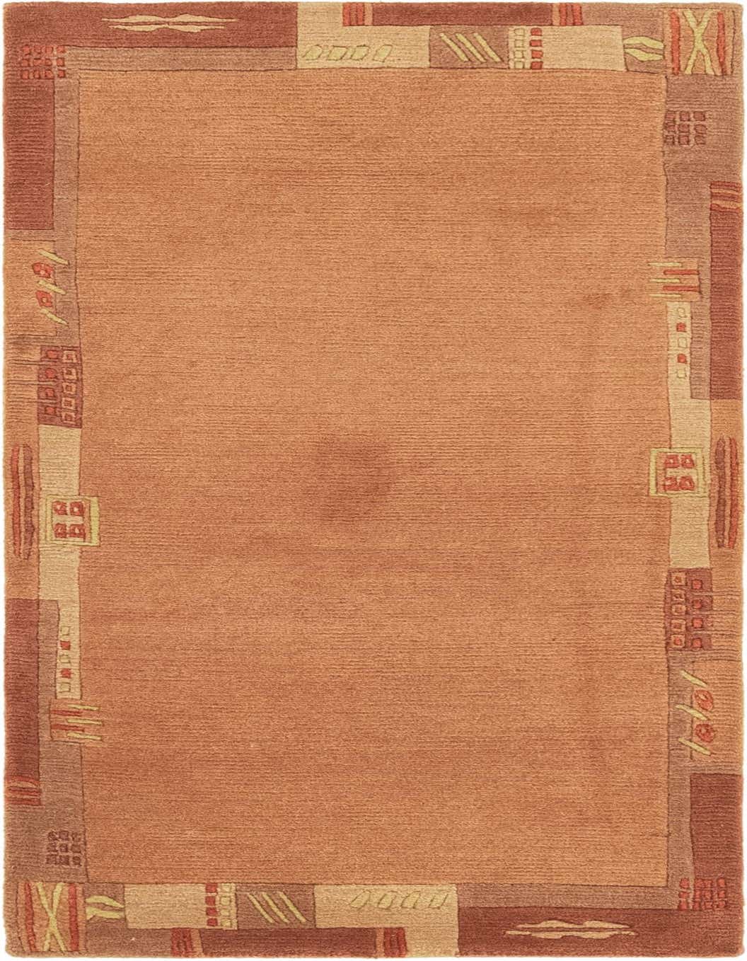 A 3x5 rectangular Nepal rug from Rugs.com, featuring a solid orange field with a modern abstract border in varying shades of orange, brown, and beige.
