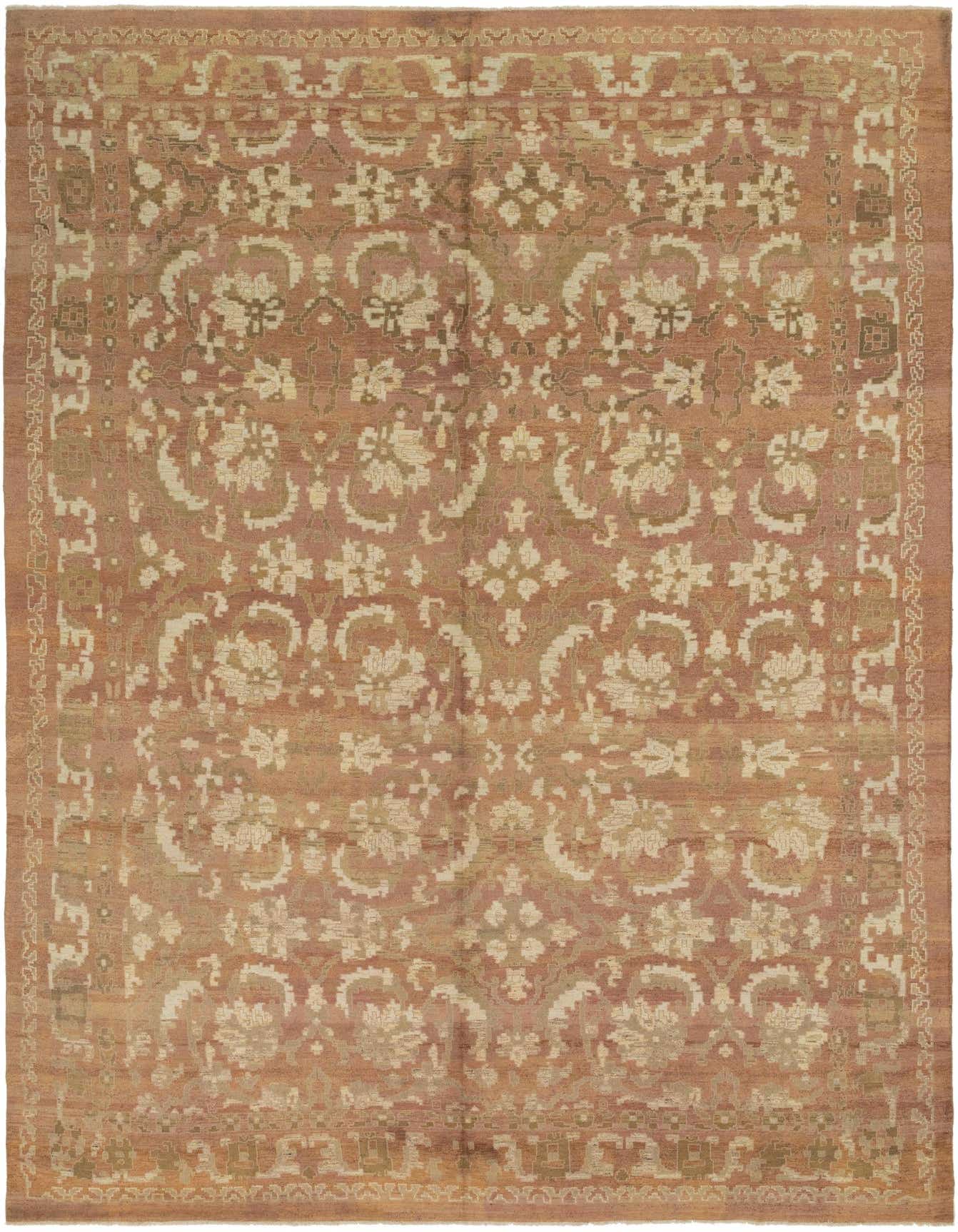 A large 13x18 rectangular Oushak rug in shades of orange and cream with an abstract, transitional floral pattern and a medium pile.