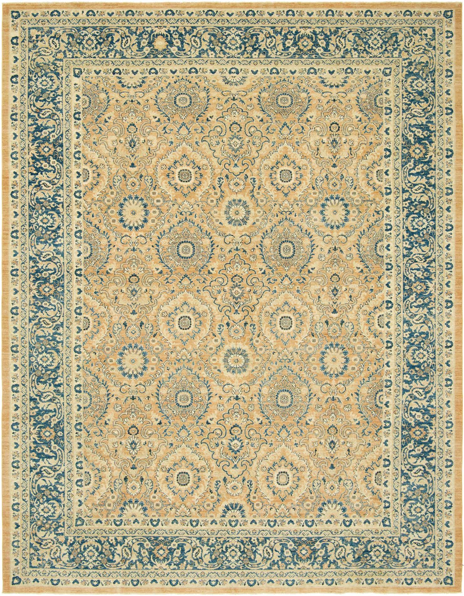 A 10x13 rectangular Peshawar Ziegler rug in warm orange with intricate blue traditional floral and botanical patterns, ideal for a living room.