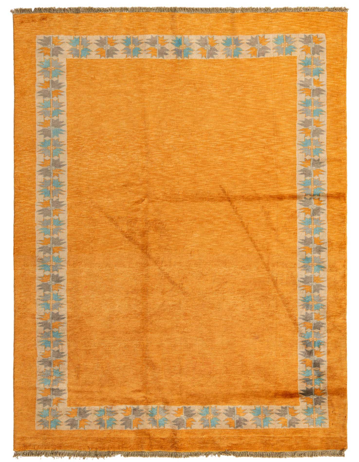 A 6x9 rectangular orange Oriental rug with a thin pile, featuring an abstract border in blue, grey, and beige.