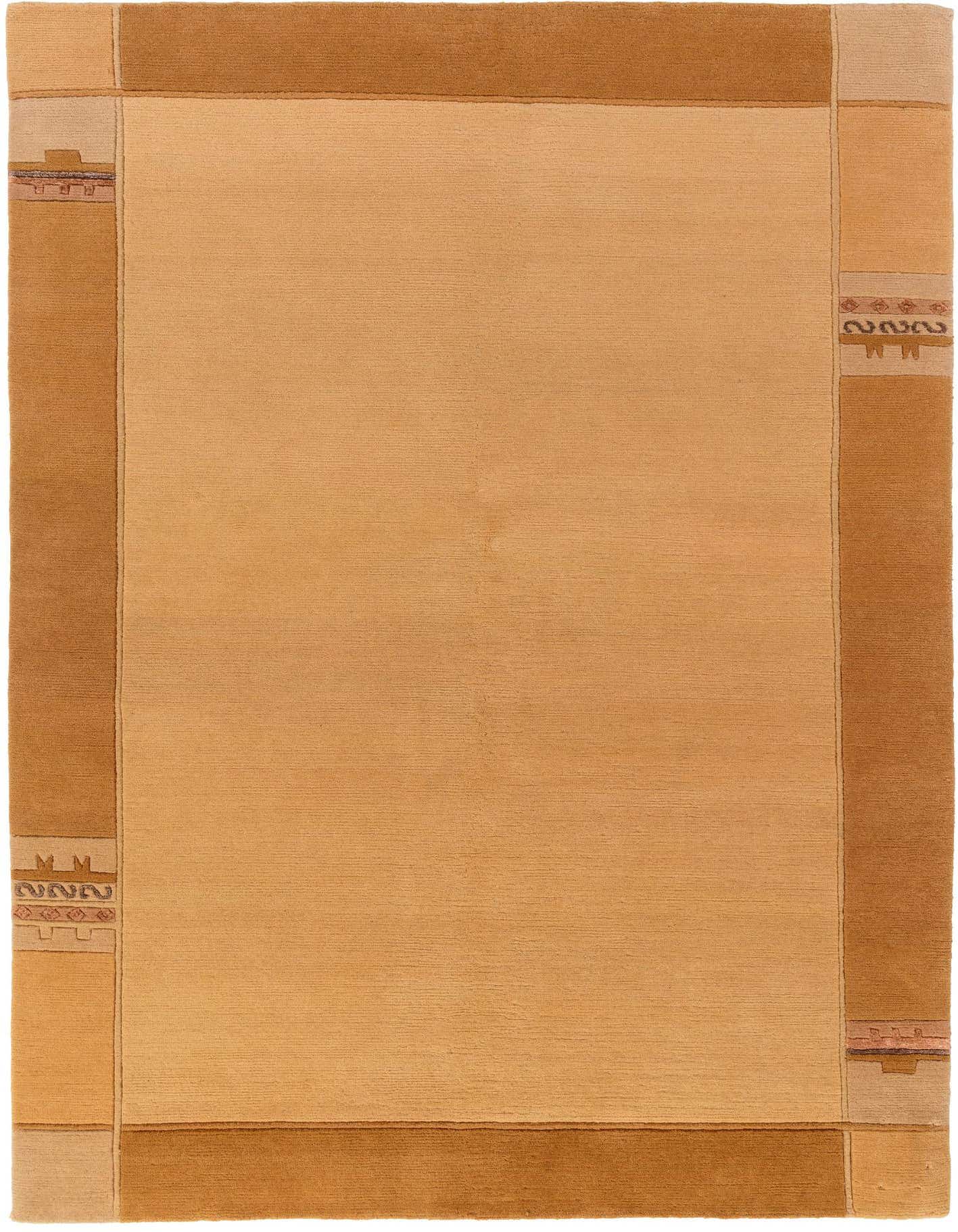 A 5x7 rectangular orange wool area rug with a modern Oriental abstract border design in varying shades of orange and brown.