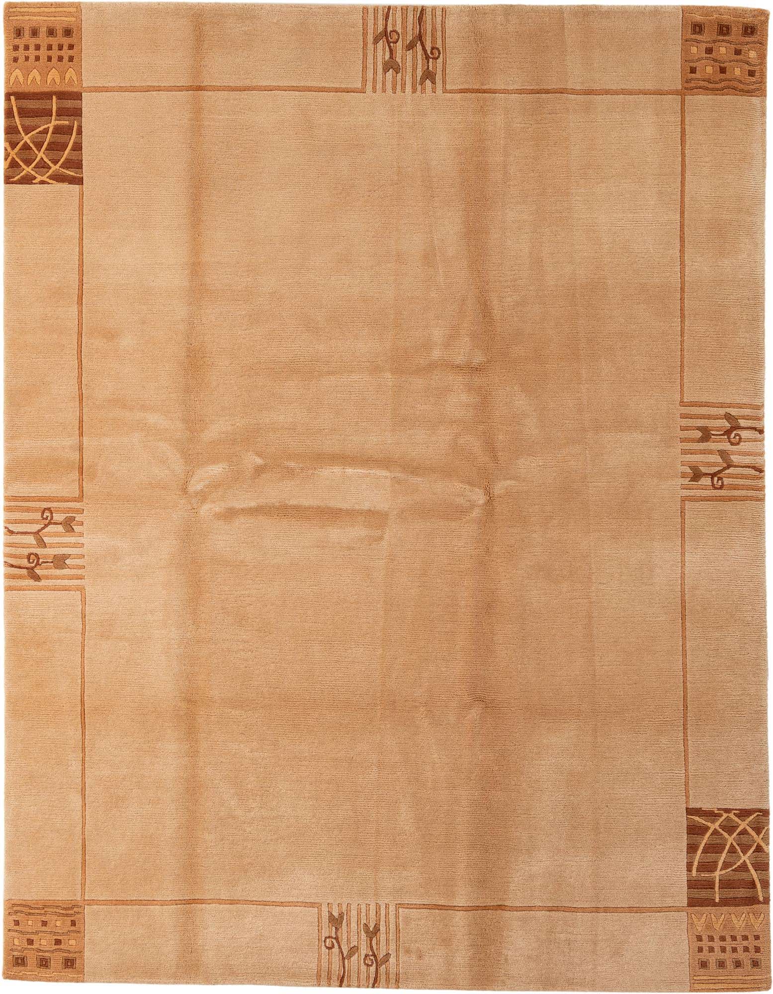 A 6x9 rectangular orange wool rug with a modern Oriental border design, featuring geometric and floral motifs in darker orange and brown tones.