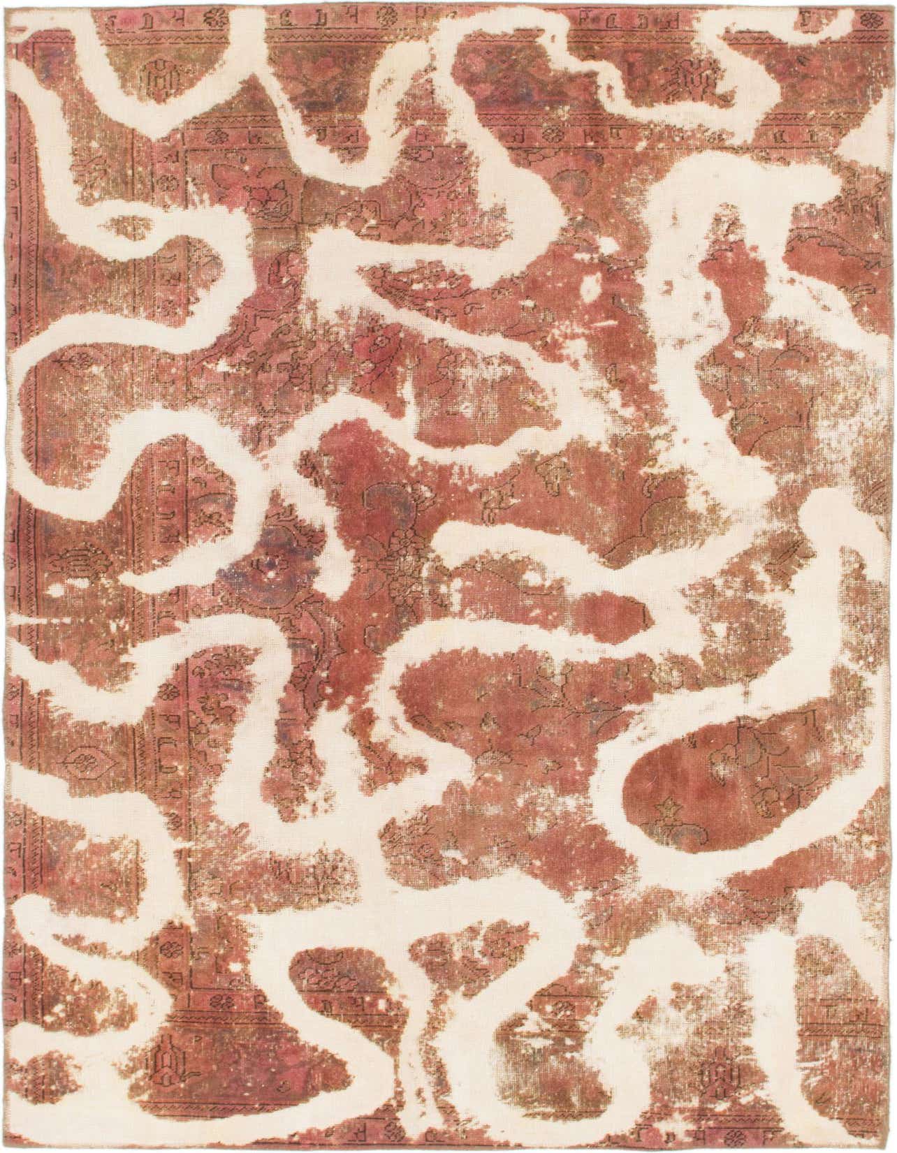 A 6x9 rectangular Ultra Vintage wool rug featuring an abstract white pattern over a distressed orange and brown Persian design.