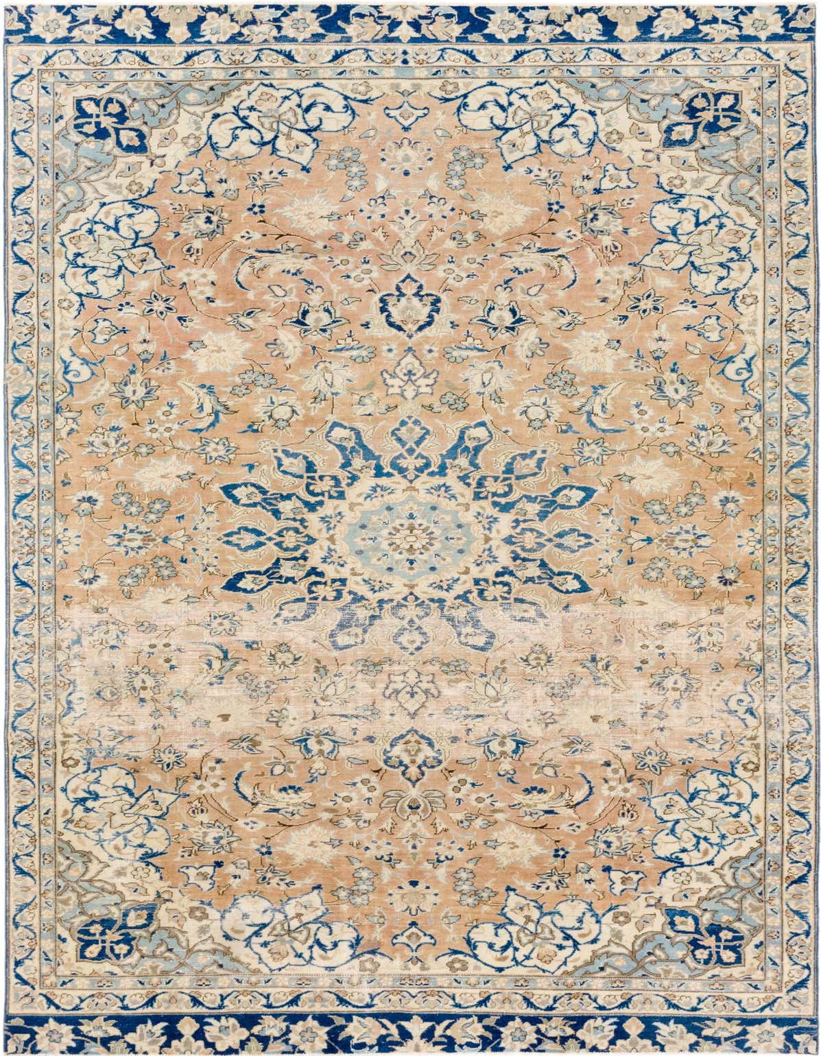 An 8x12 rectangular orange Persian wool rug with a central medallion and intricate blue and beige floral patterns.