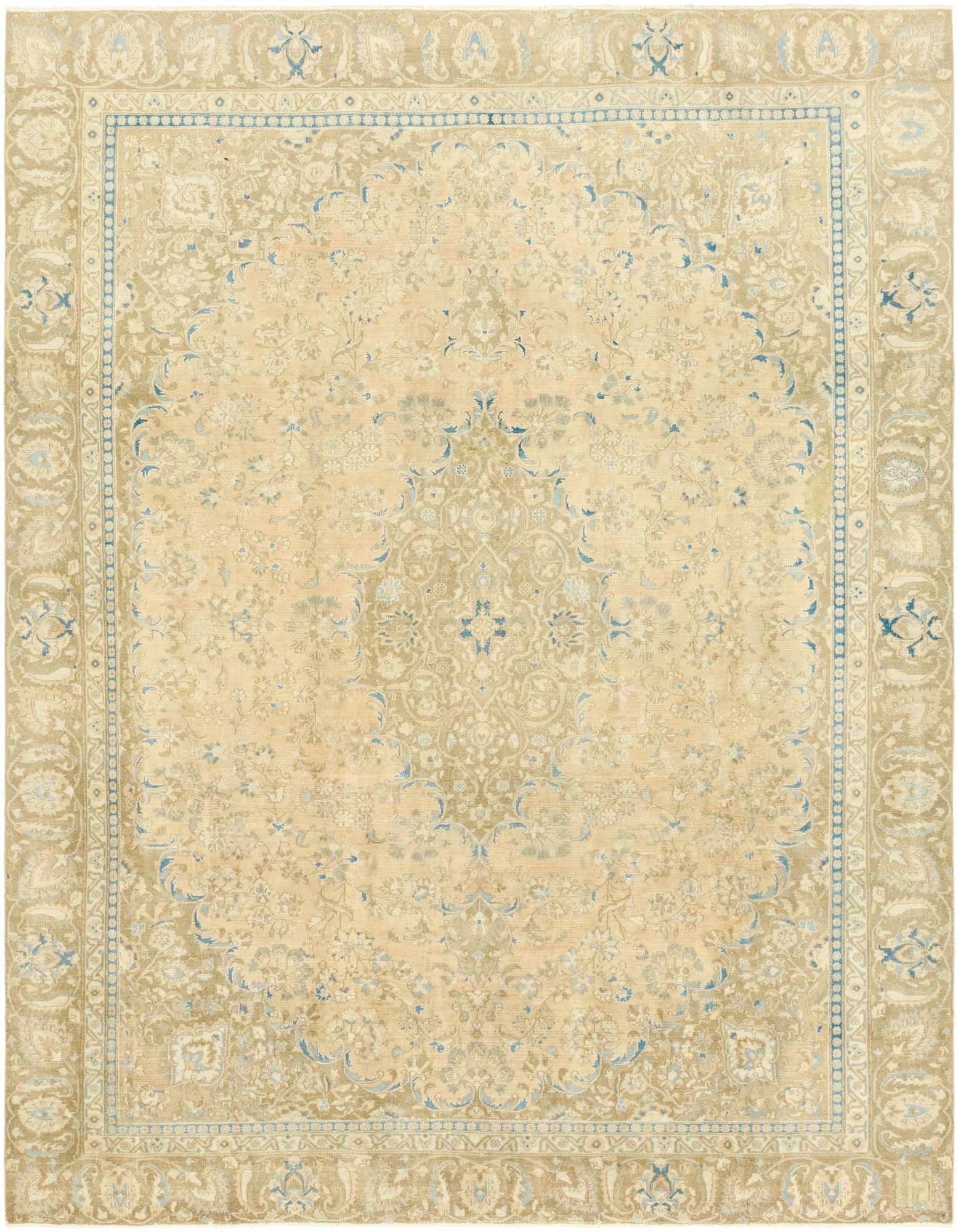A 9x11 rectangular indoor rug featuring a traditional Persian botanical medallion pattern in shades of orange and light blue.