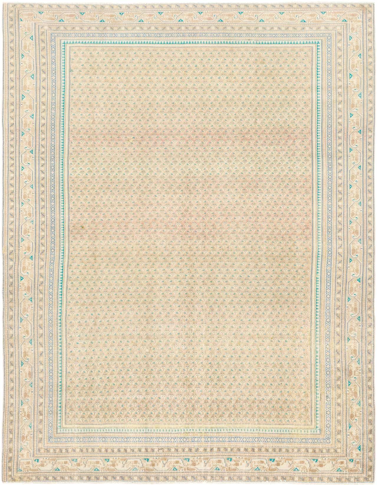 A 6x9 rectangular Ultra Vintage Persian rug in oranges and blues with a detailed border pattern.