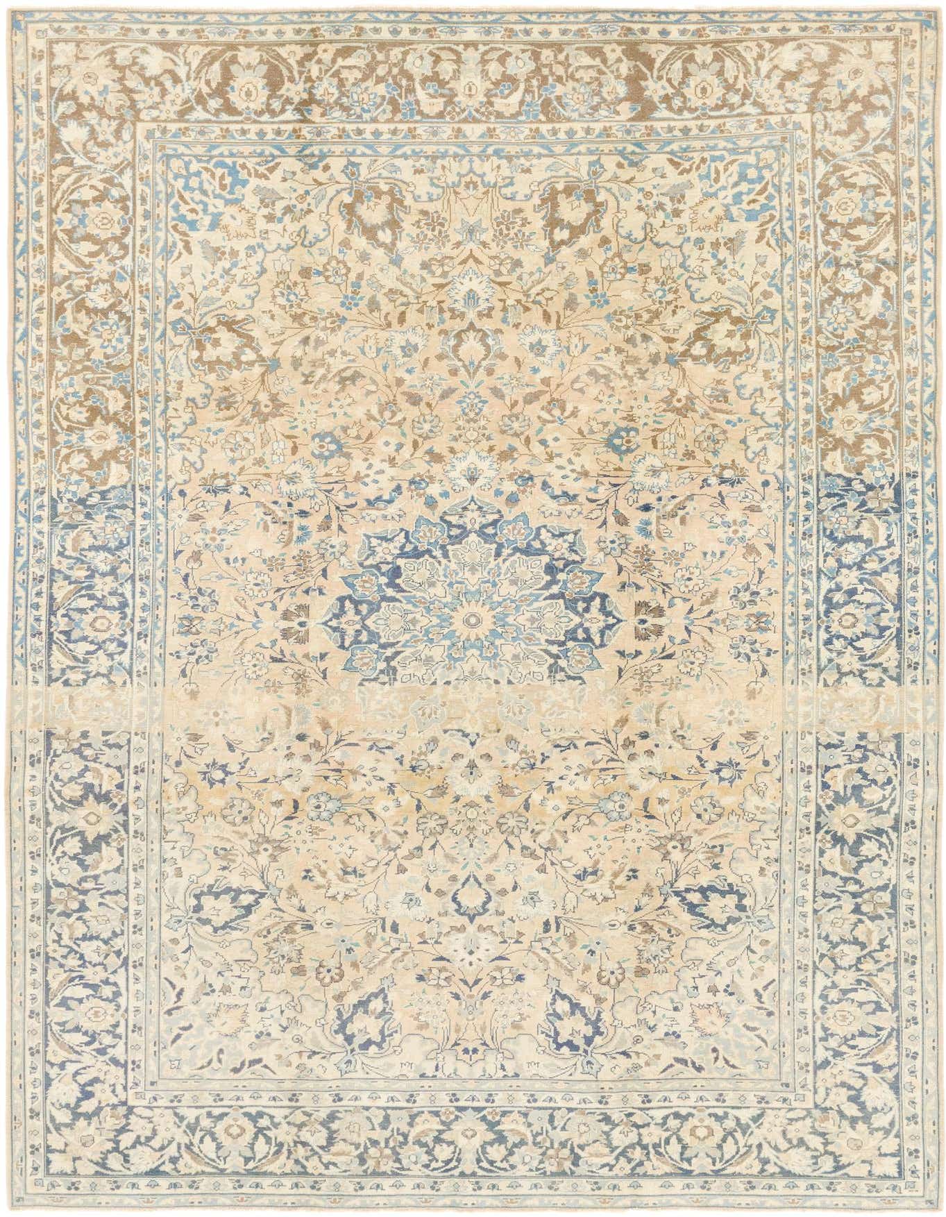 An 8x12 rectangular Ultra Vintage Persian rug in shades of orange, cream, and blue, featuring a central medallion and intricate botanical patterns.