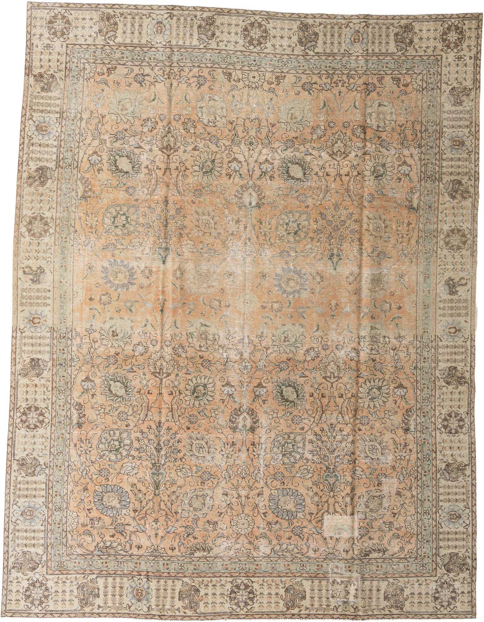 A 9x12 rectangular orange Persian rug with a faded medallion pattern and intricate floral motifs, ideal for a living room.
