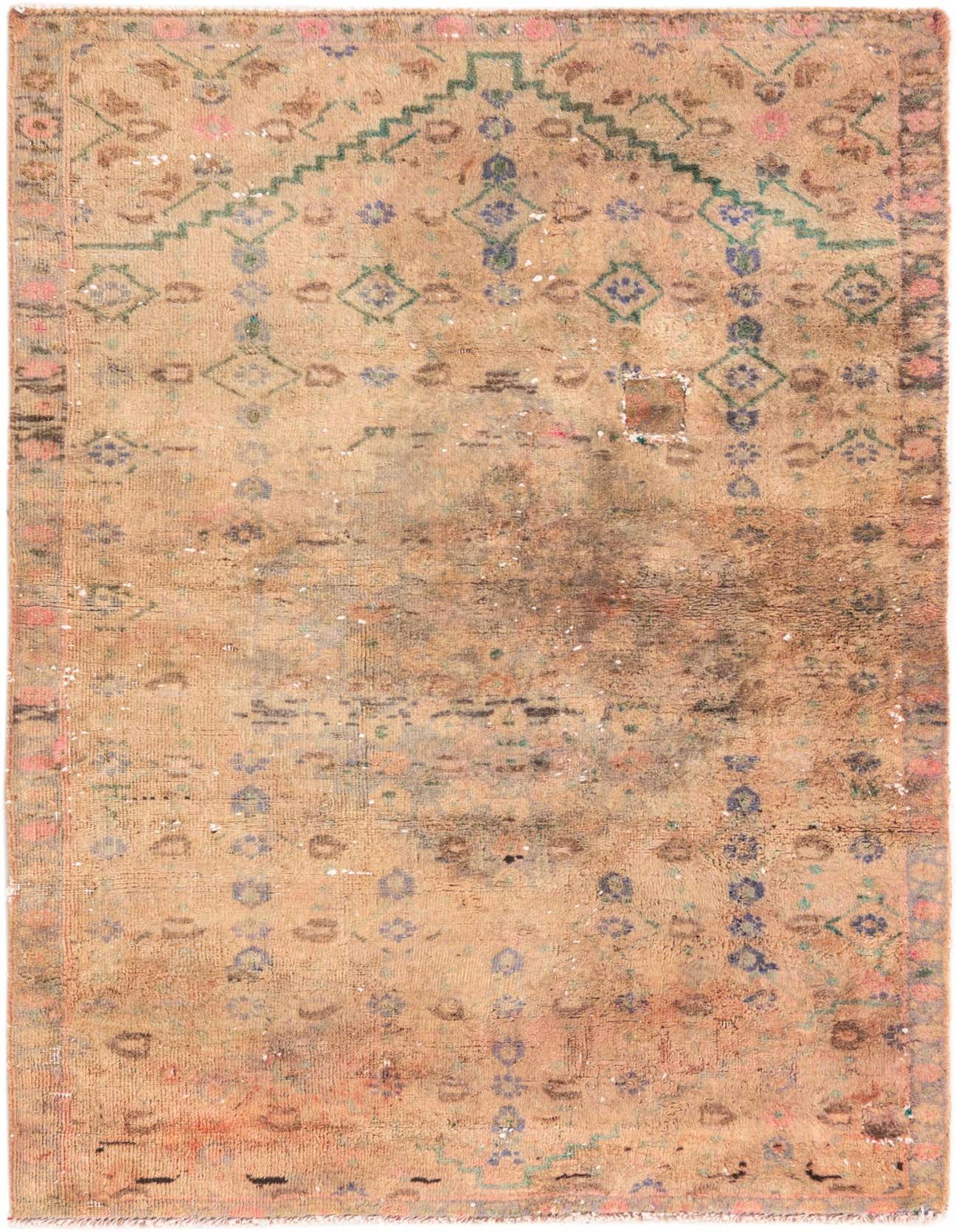 A 3x5 rectangular Ultra Vintage wool rug in distressed orange with faded blue and green Persian patterns, ideal for a kitchen or entryway.