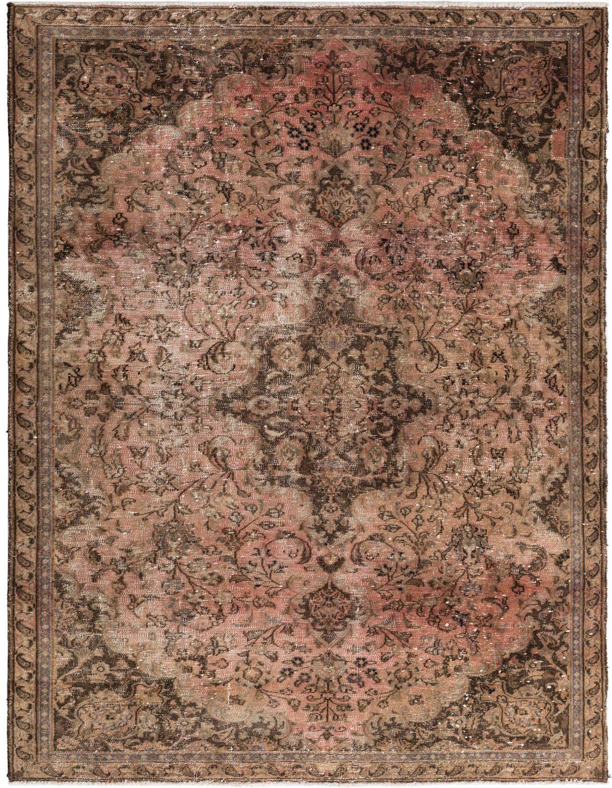 A 5x8 rectangular orange Persian rug with a faded, distressed floral pattern and dark brown accents, suitable for indoor use.