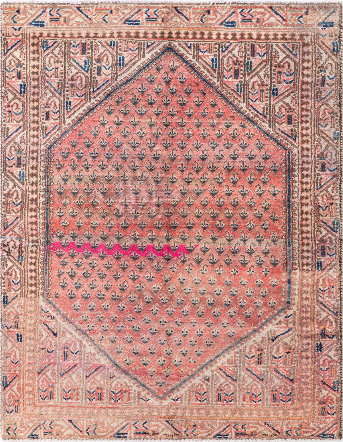 A 4x6 rectangular Ultra Vintage Persian rug in shades of orange, blue, and brown, featuring a central medallion and intricate floral patterns.