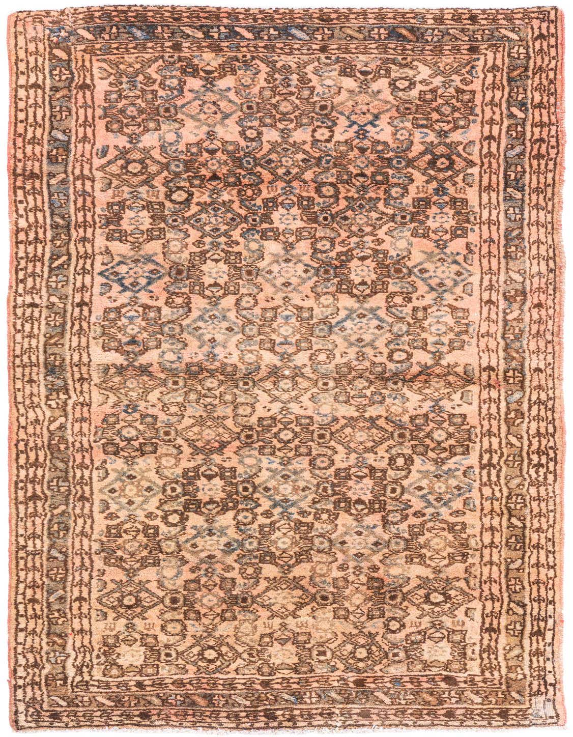 A 4x6 rectangular Ultra Vintage Persian rug in shades of orange, brown, and blue, featuring a distressed medallion and geometric pattern.