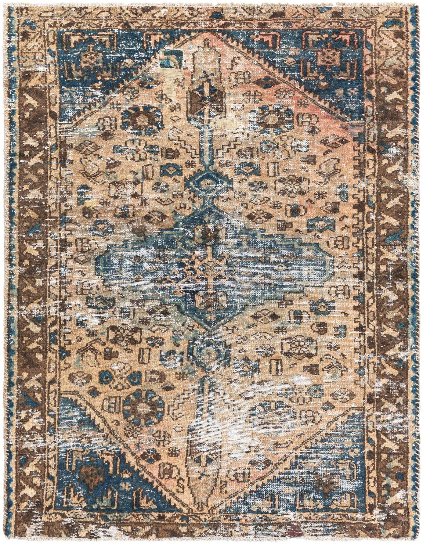 A rectangular 4x6 Ultra Vintage rug featuring a distressed Persian medallion pattern in shades of orange, blue, and brown.