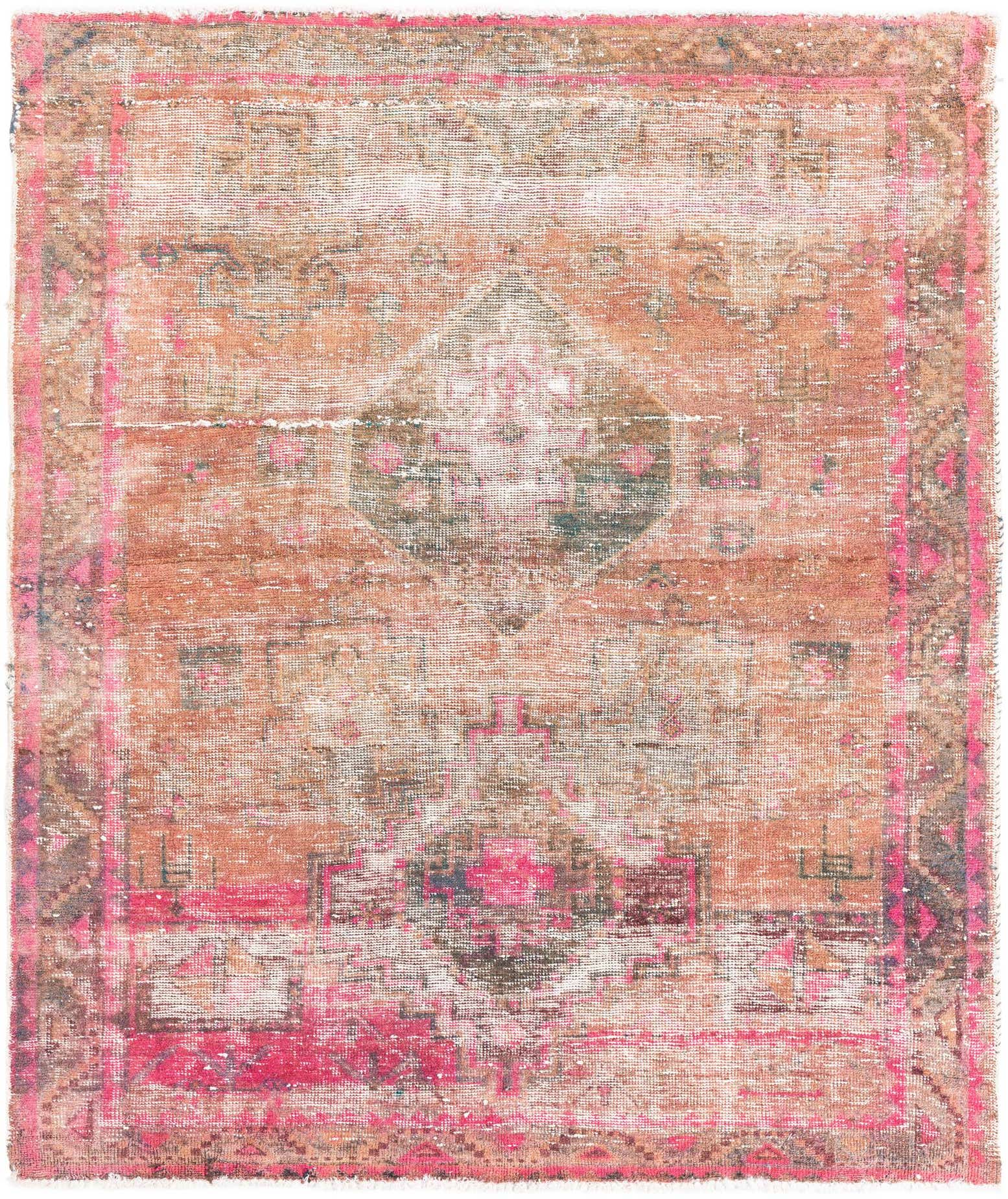 A 5x8 rectangular Ultra Vintage rug featuring a distressed Persian medallion pattern in shades of orange and pink.
