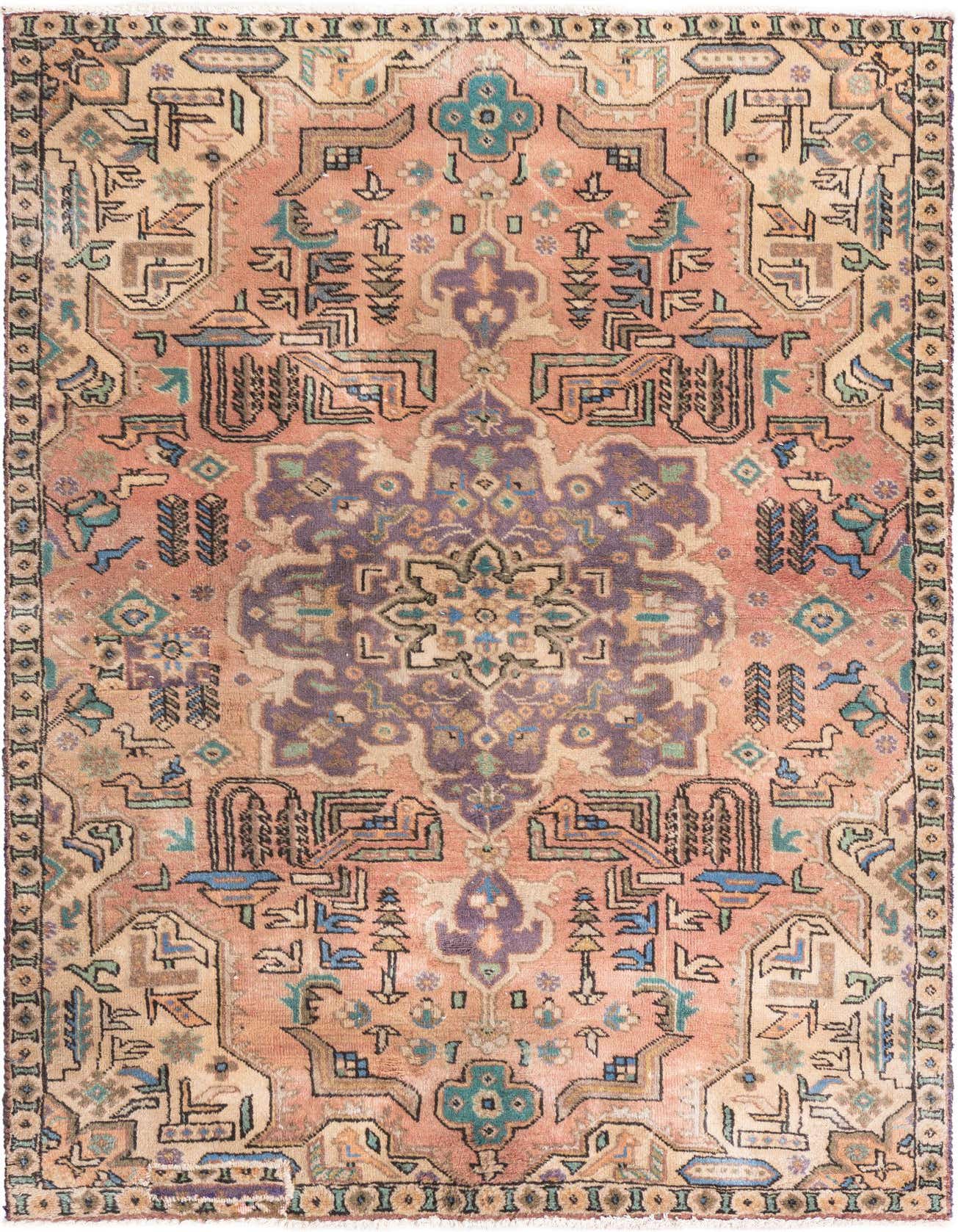 A 3x5 rectangular orange Persian rug with a faded vintage look, featuring intricate traditional patterns in purple, blue, and beige.