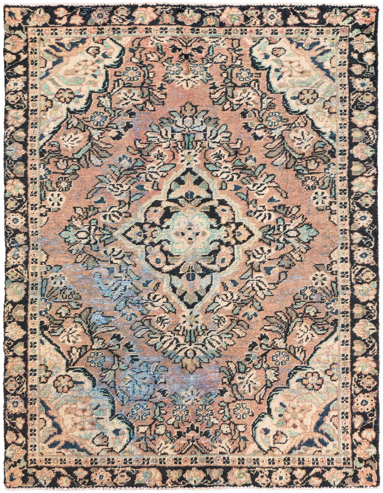 A 4x6 rectangular Ultra Vintage wool rug featuring a distressed orange and blue Persian medallion pattern with a dark border.
