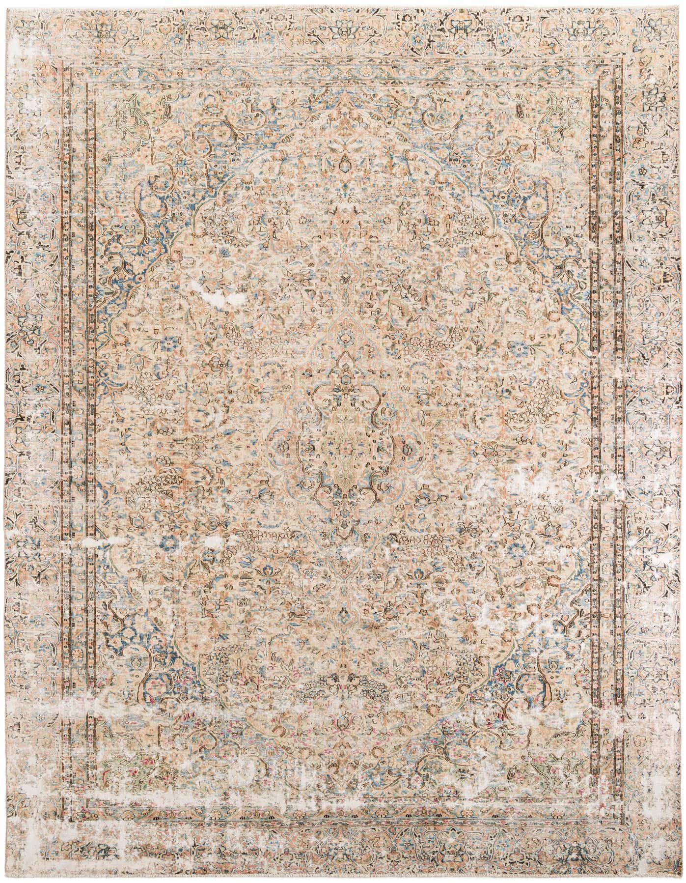 A 9x12 rectangular Ultra Vintage Persian rug with an ornate medallion pattern in distressed oranges, blues, and creams.
