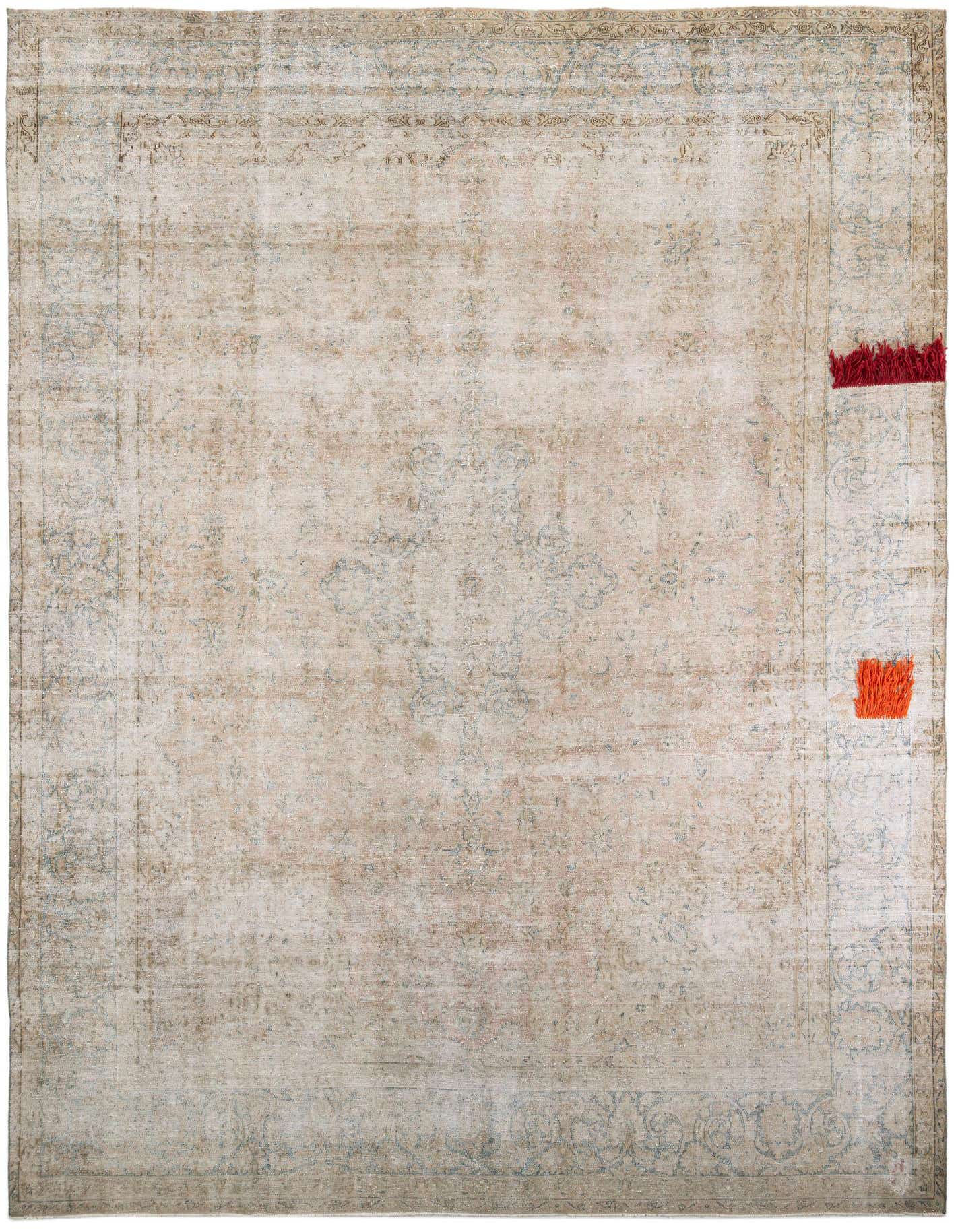 A 10x14 rectangular Ultra Vintage rug in distressed oranges with subtle blue Persian patterns and a flat pile.