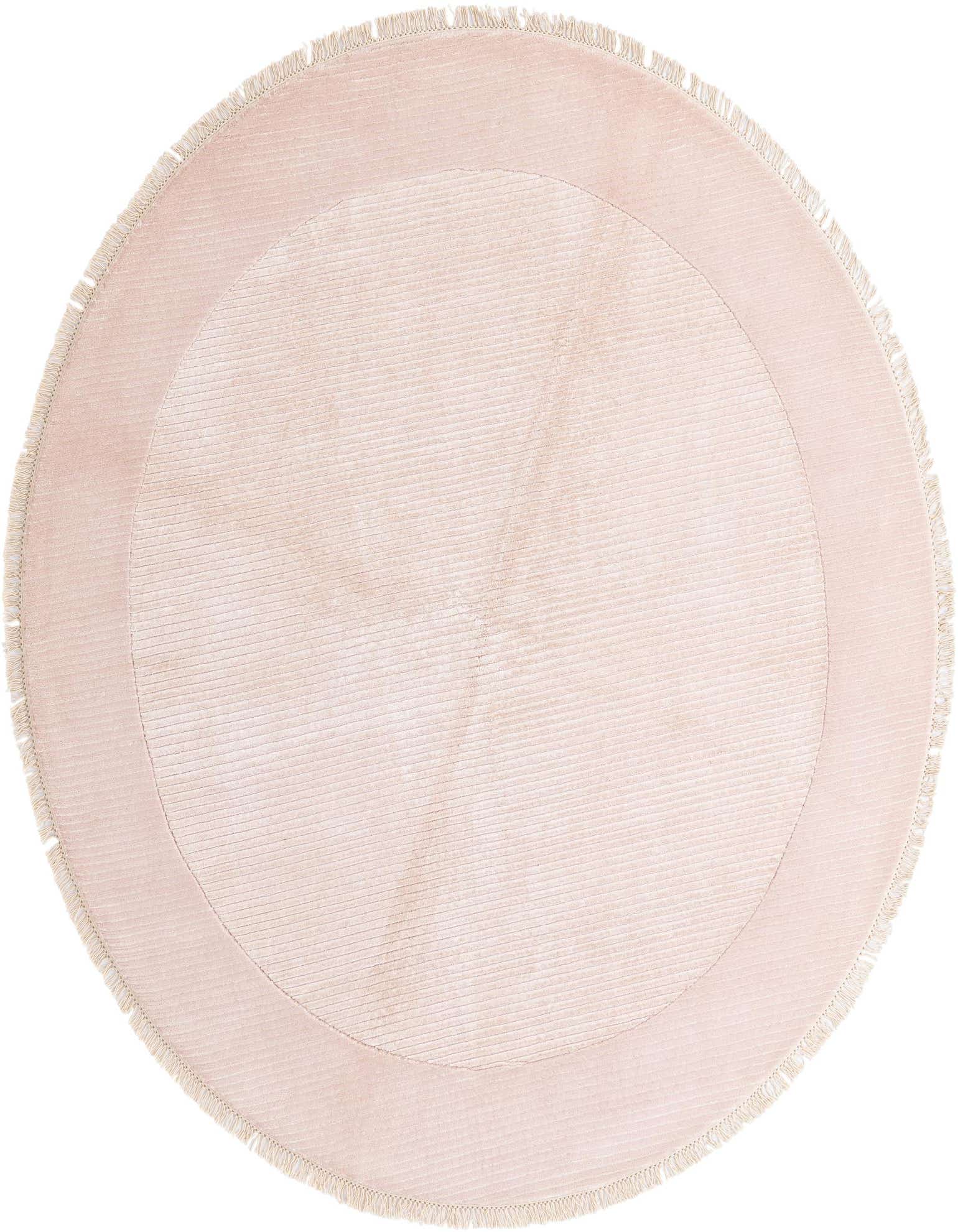 A 6' 6 x 6' 6 round orange wool rug with a subtle modern oriental pattern and fringe border.