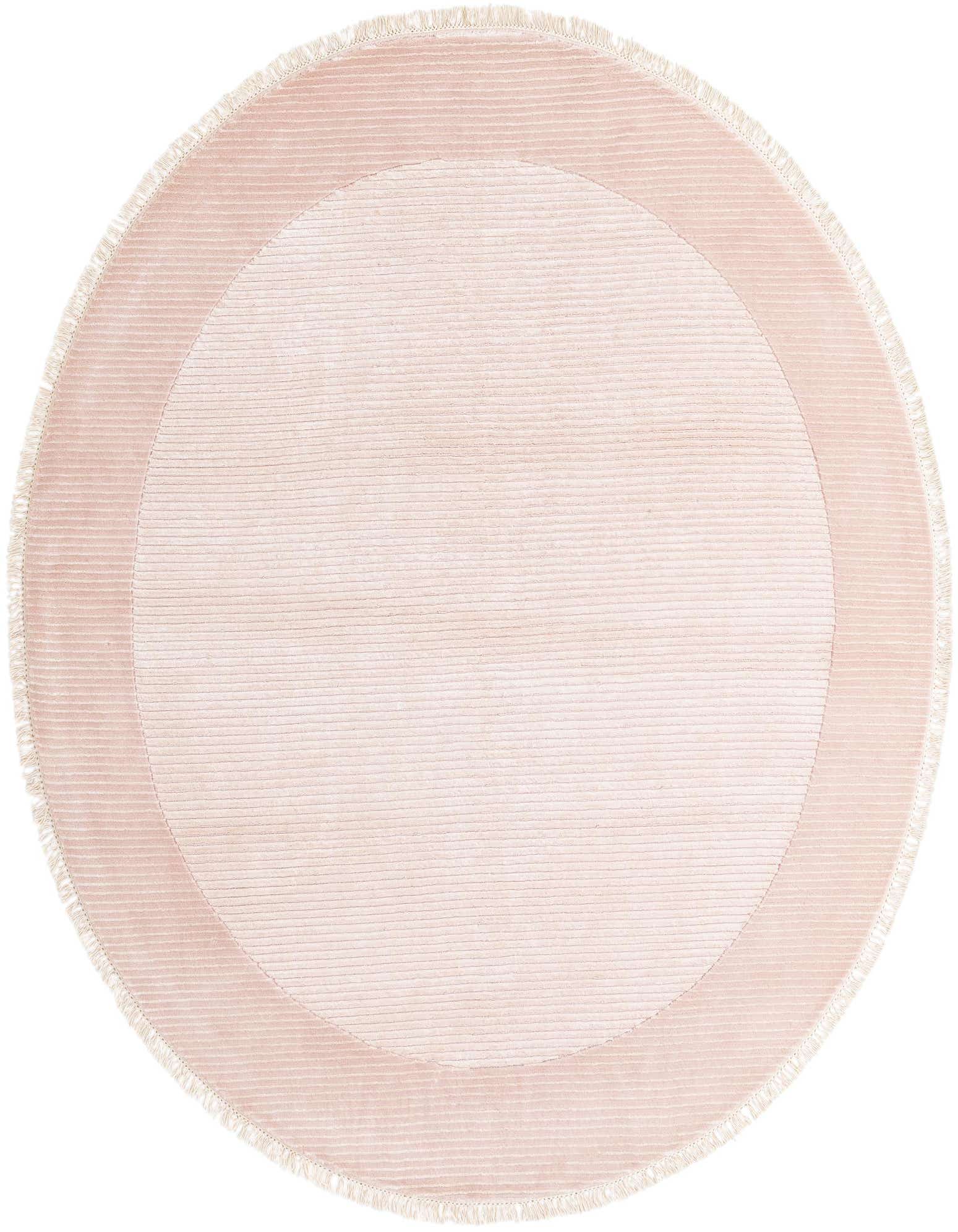 A round, high-pile 6' 6 x 6' 6 orange wool rug with a subtle border and fringe.