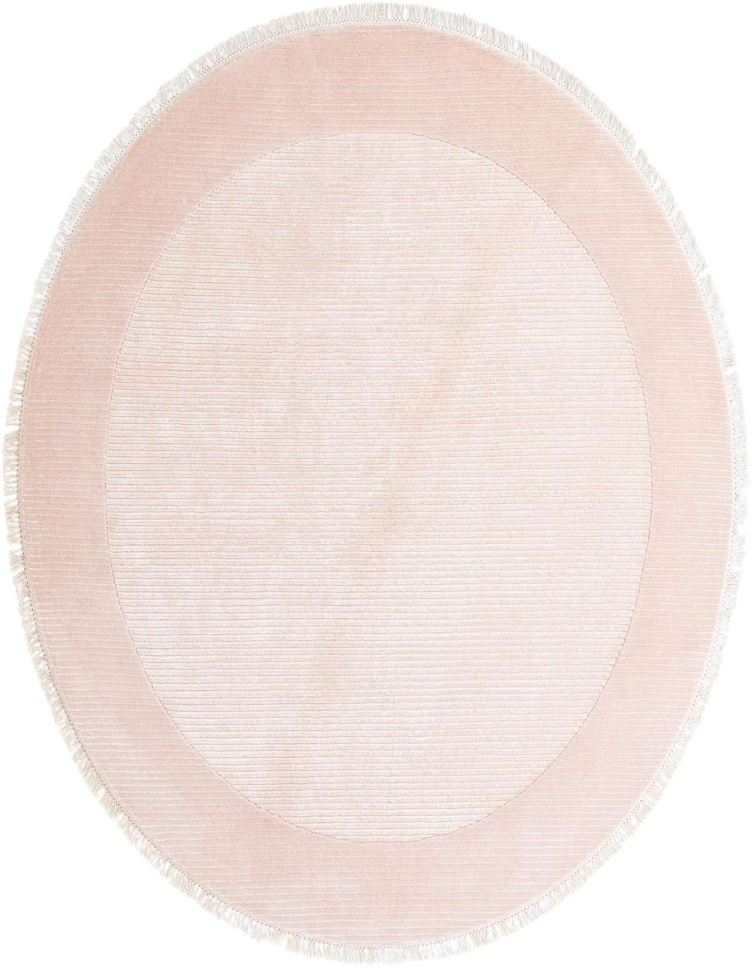 A round, high-pile 6' 8 x 6' 8 Darya rug in soft orange, featuring a subtle striped center and solid border with fringe.