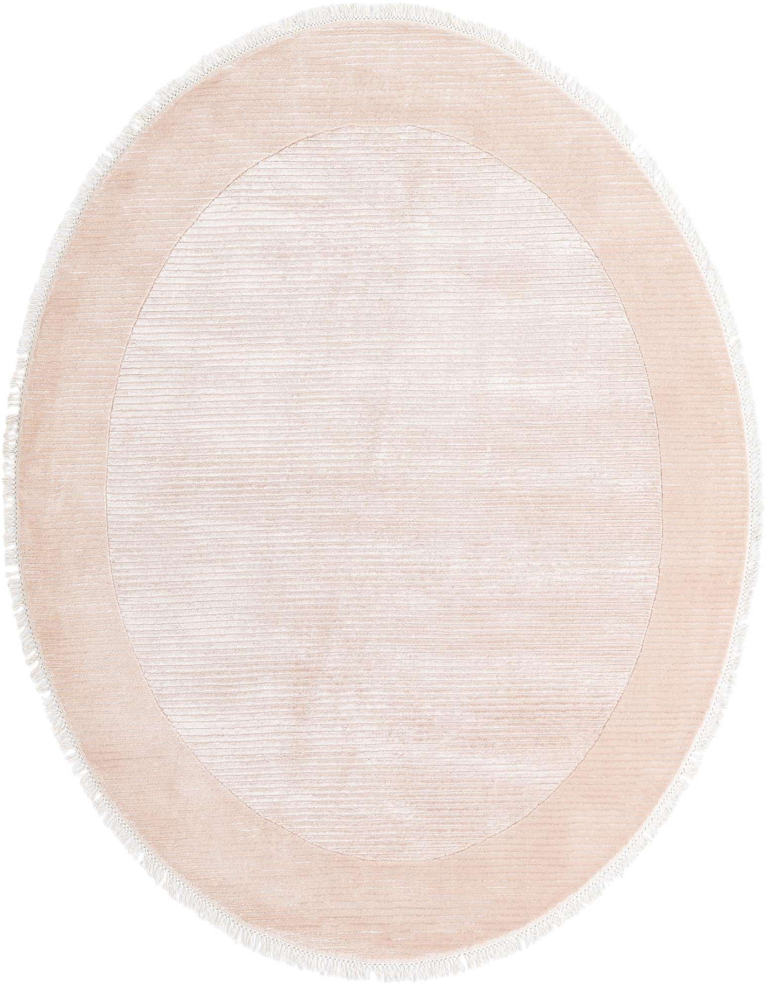 A 6' 7 x 6' 7 round orange wool rug with a subtle striped modern pattern and white fringe.