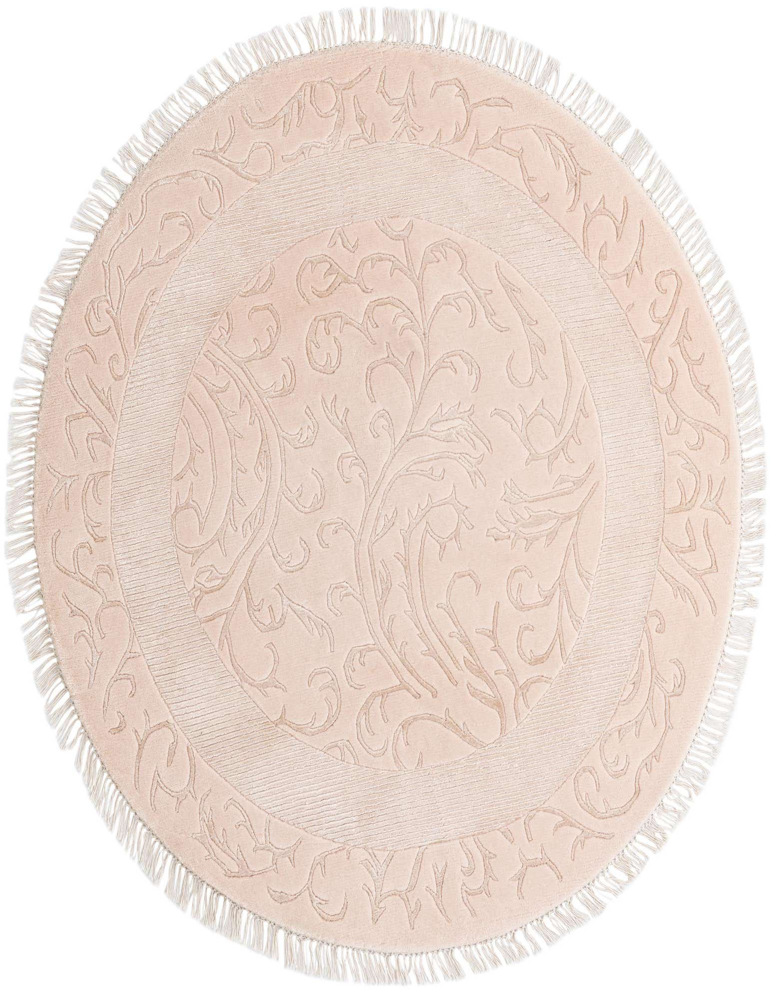 A 4' 10 x 4' 10 round orange wool rug with a modern oriental pattern and fringed edges.