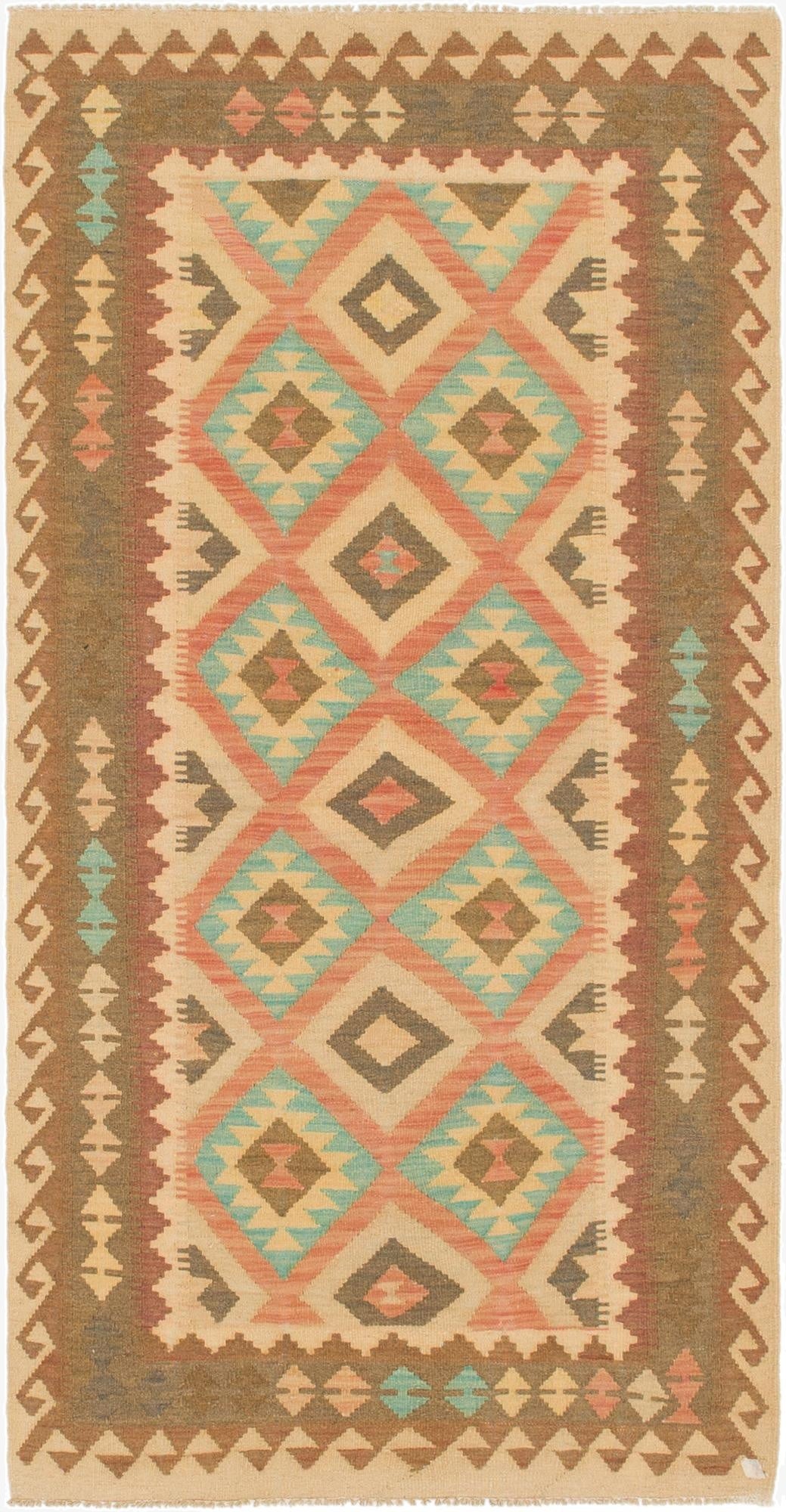  3' 4 x 6' 6  Hand Woven Kilim Maymana Wool Runner Rug