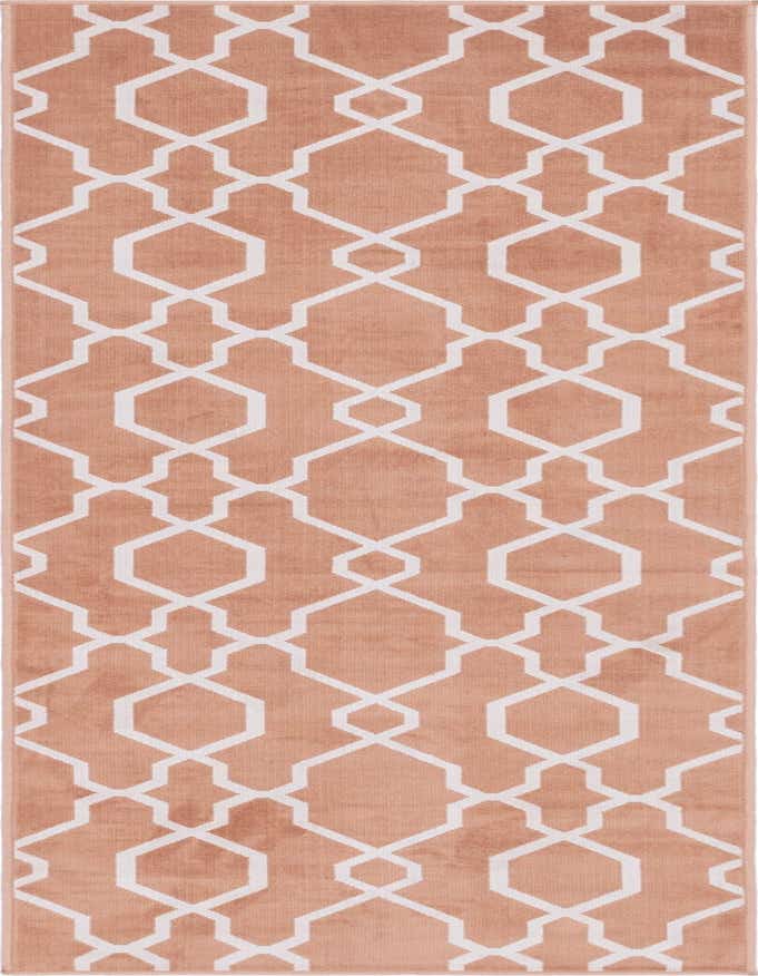 An 8 ft runner rug in a modern orange and white geometric trellis pattern, suitable for a hallway or patio.