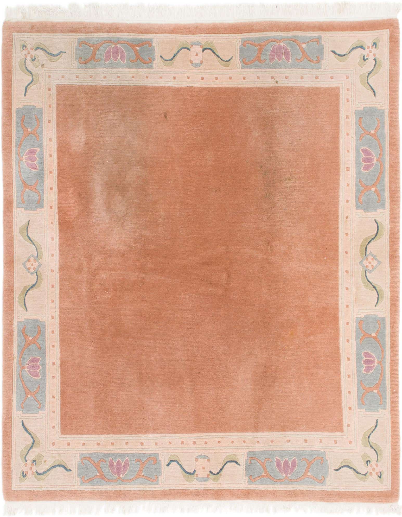 A square 7' 8 x 8' 0 orange wool rug with a light border featuring floral and scroll patterns in blue, pink, and green.