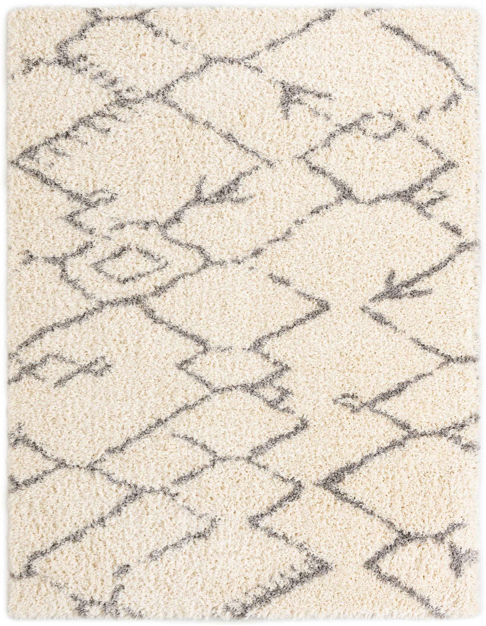 A rectangular 8x10 gray modern shag rug with an abstract geometric pattern on a light background.