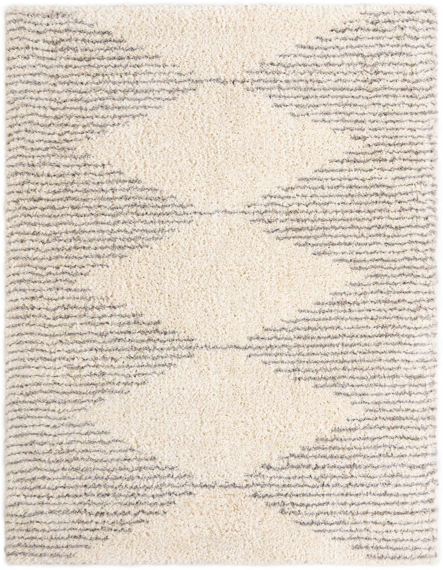 A rectangular 10x14 gray and ivory modern shag rug with a geometric pattern, ideal for a living room.