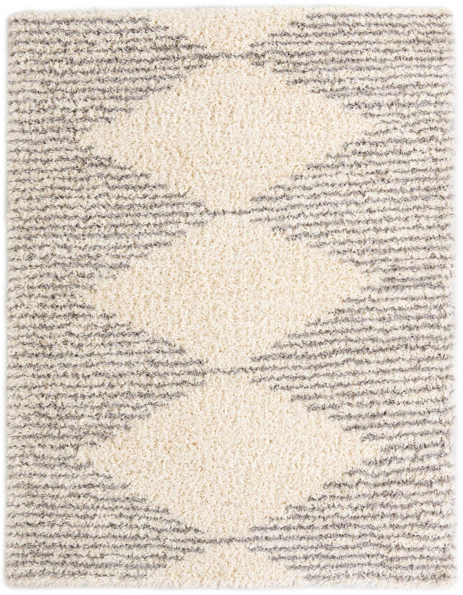 A rectangular 8x10 gray and ivory shag rug featuring a modern diamond pattern, suitable for a living room.