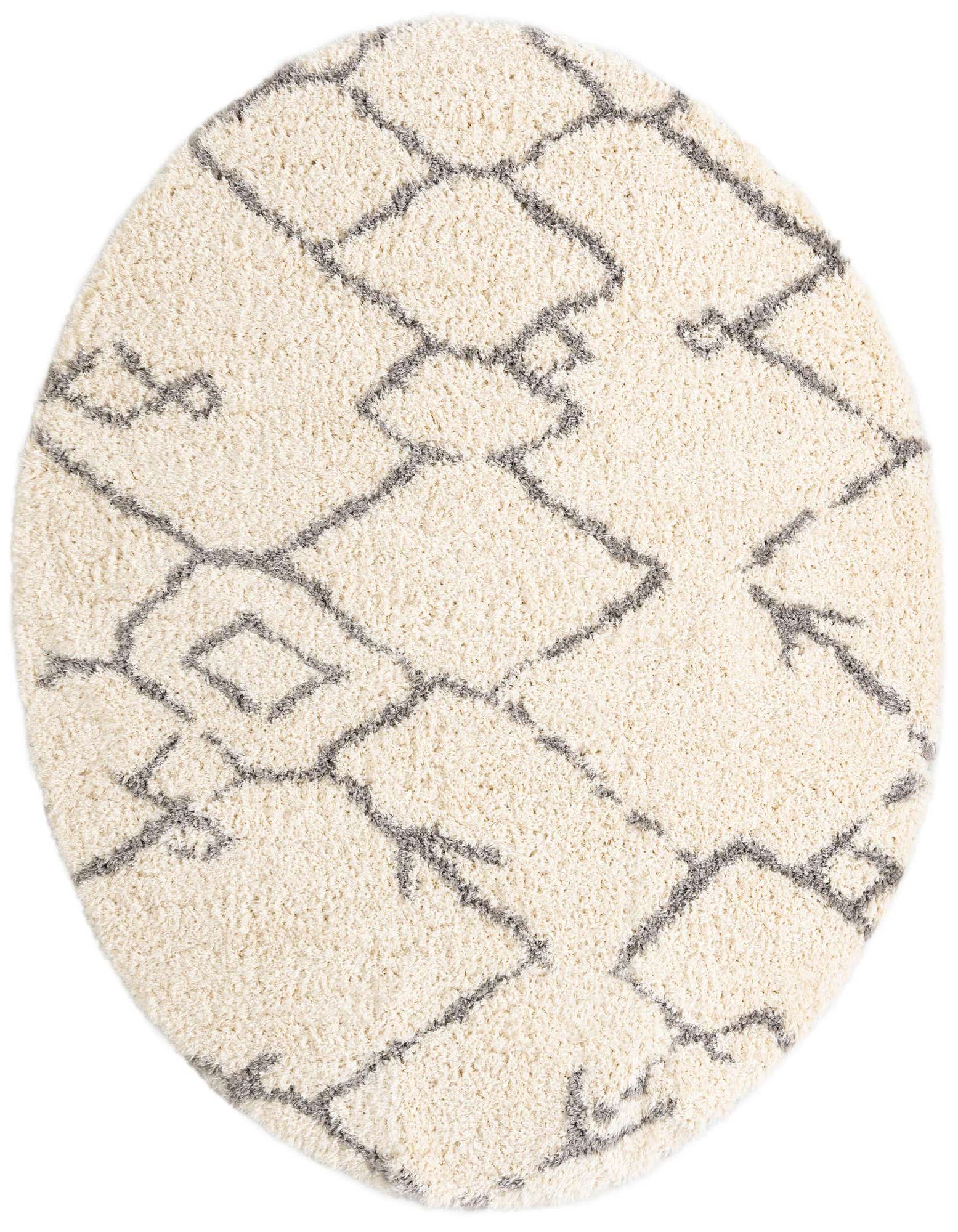 A 10-foot round shag rug with a modern gray geometric pattern on a creamy white background.