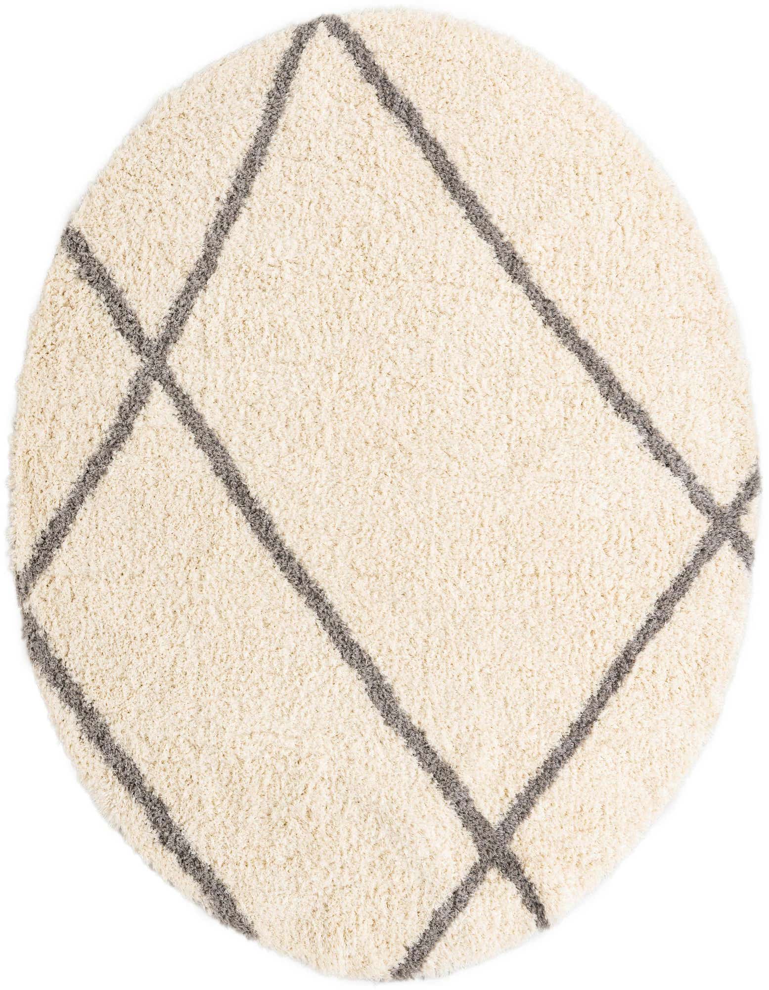 A 10-foot round shag rug with a modern gray geometric pattern on a cream background, perfect for a living room.
