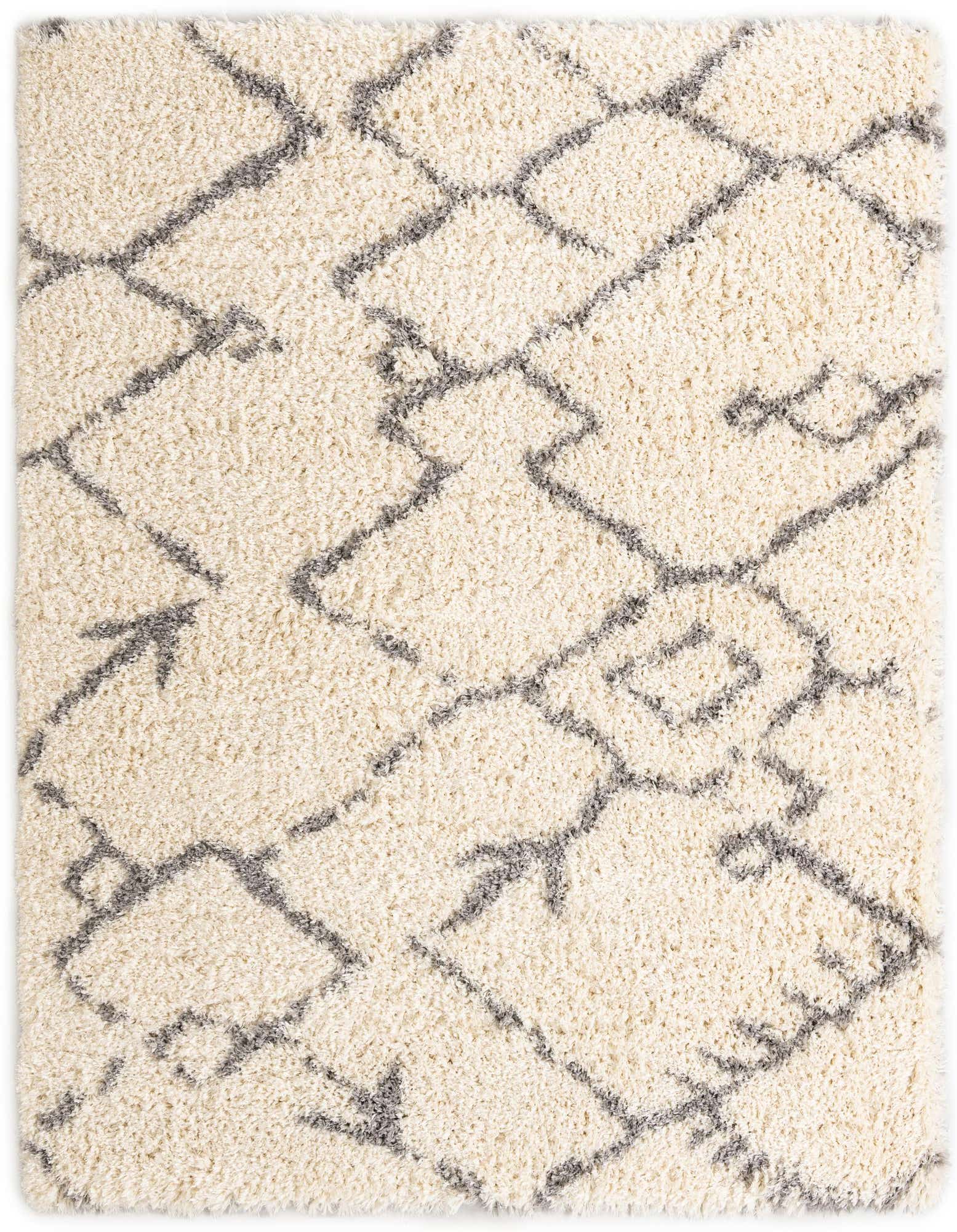 A square 8'x8' Rugs.com Infinity Shag rug with a plush cream pile and modern gray geometric lines.