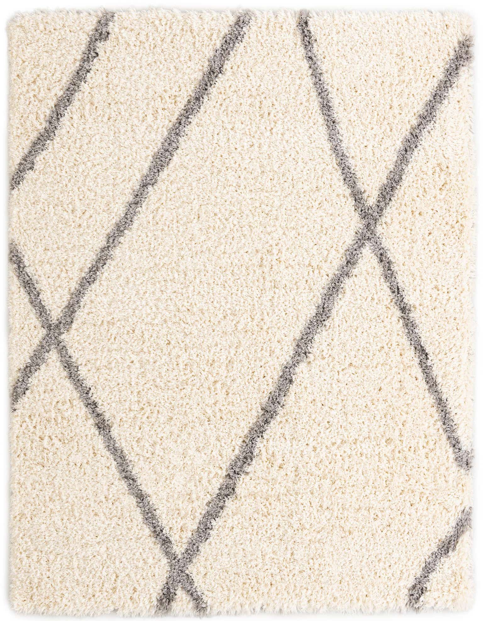 A soft, plush 8'x8' square shag rug in off-white with a modern gray geometric crisscross pattern.