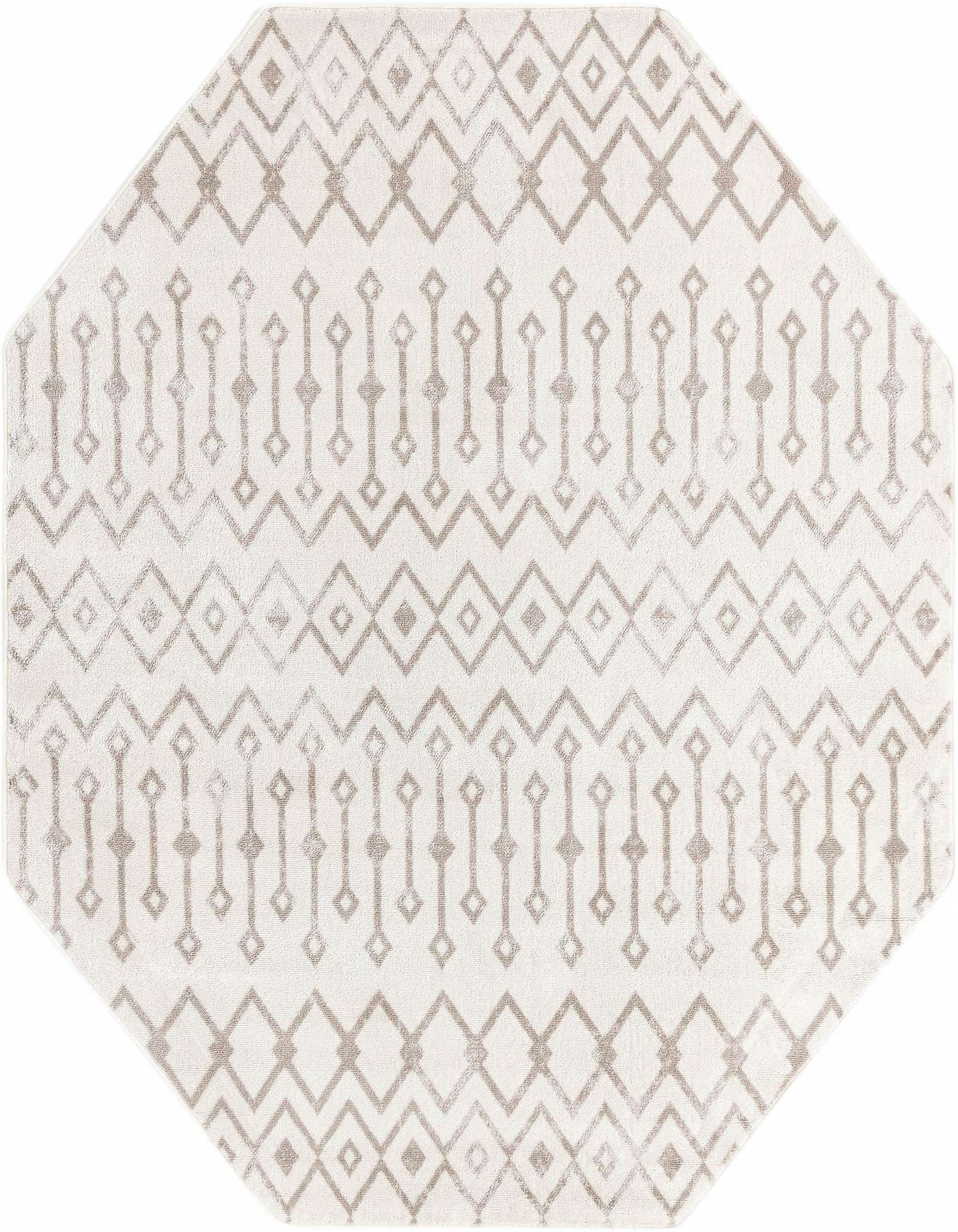 Octagon ivory area rug with a subtle cream and beige bohemian trellis pattern, perfect for a modern living space.