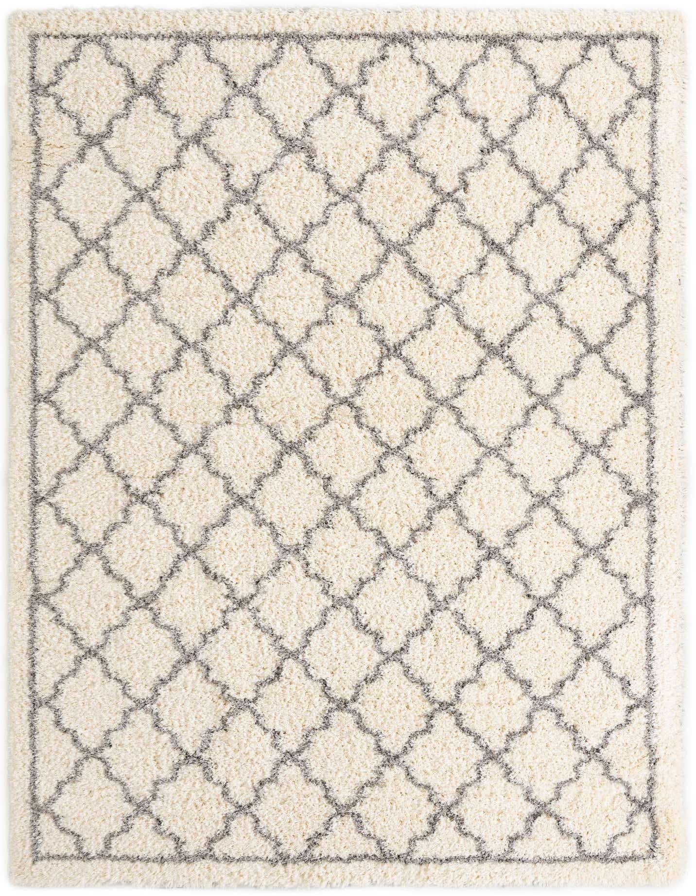 A 10x14 rectangular ivory shag rug with a modern geometric trellis pattern in gray, suitable for a living room or bedroom.